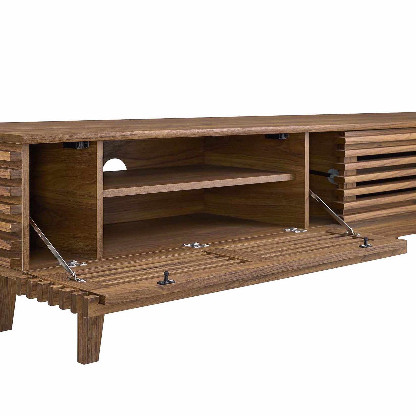 Render 71" TV Stand | Oak &amp; Walnut Finish Options | Mid-Century Modern TV Stand | Smooth Wood Grain Laminate | Durable Particleboard | Two Bottom-Hinged Doors image 6