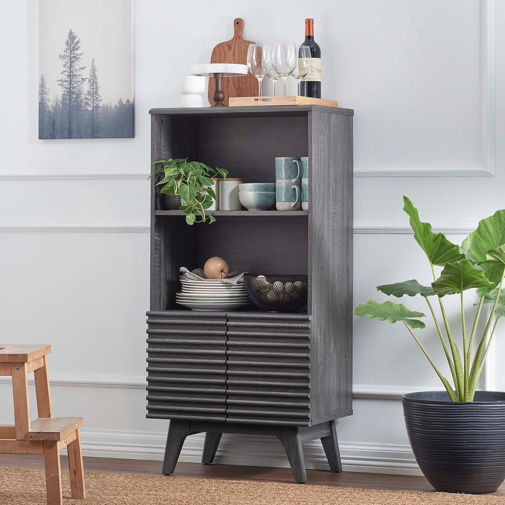 Render Display Cabinet Bookshelf | Oak &amp; Charcoal Color Options | Mid-Century Display Cabinet | Smooth Wood Grain Laminate | Soft-Close Hinges image 2