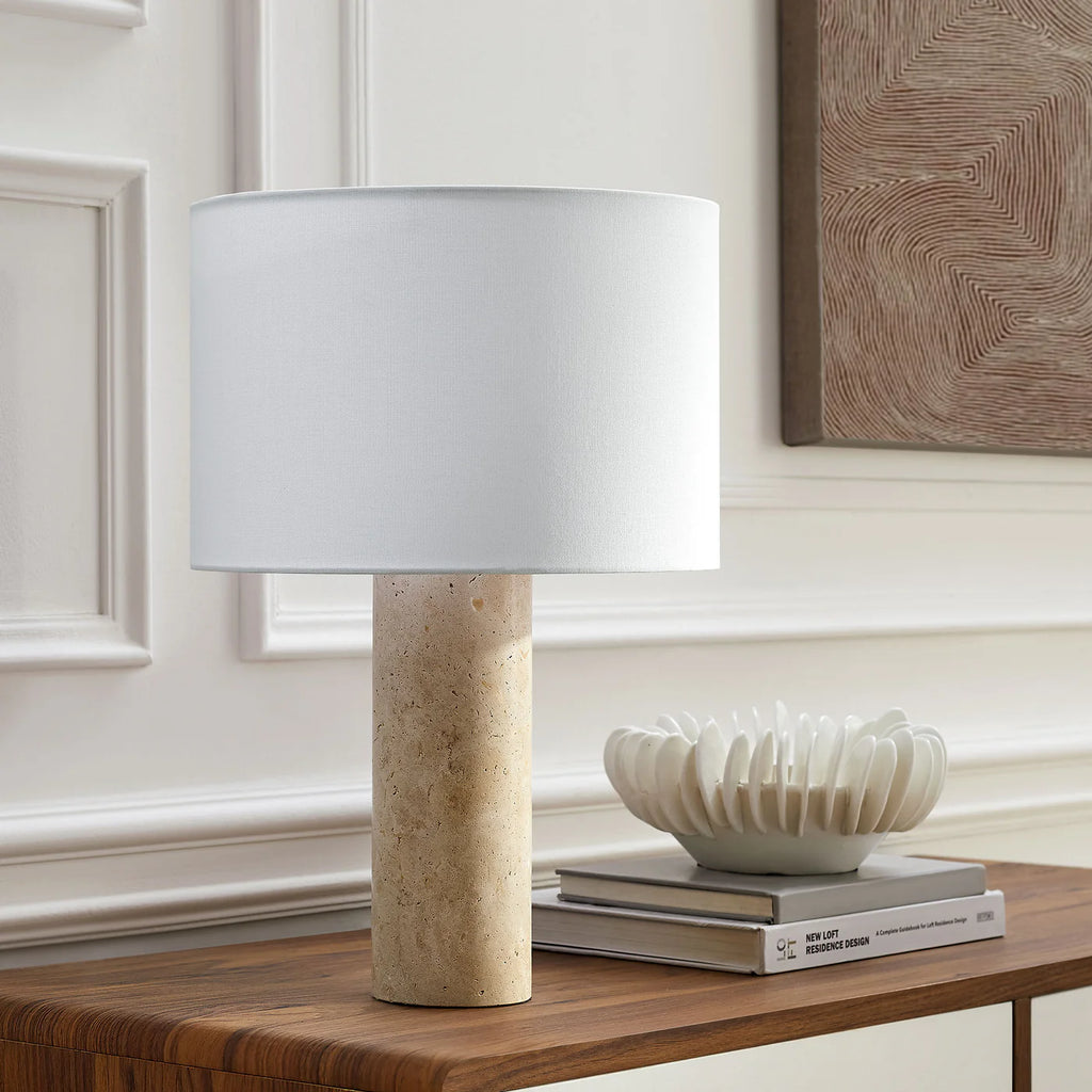 Zenith Travertine Table Lamp with a Fabric Drum Shade in Natural Travertine | Pack of 2 image 5