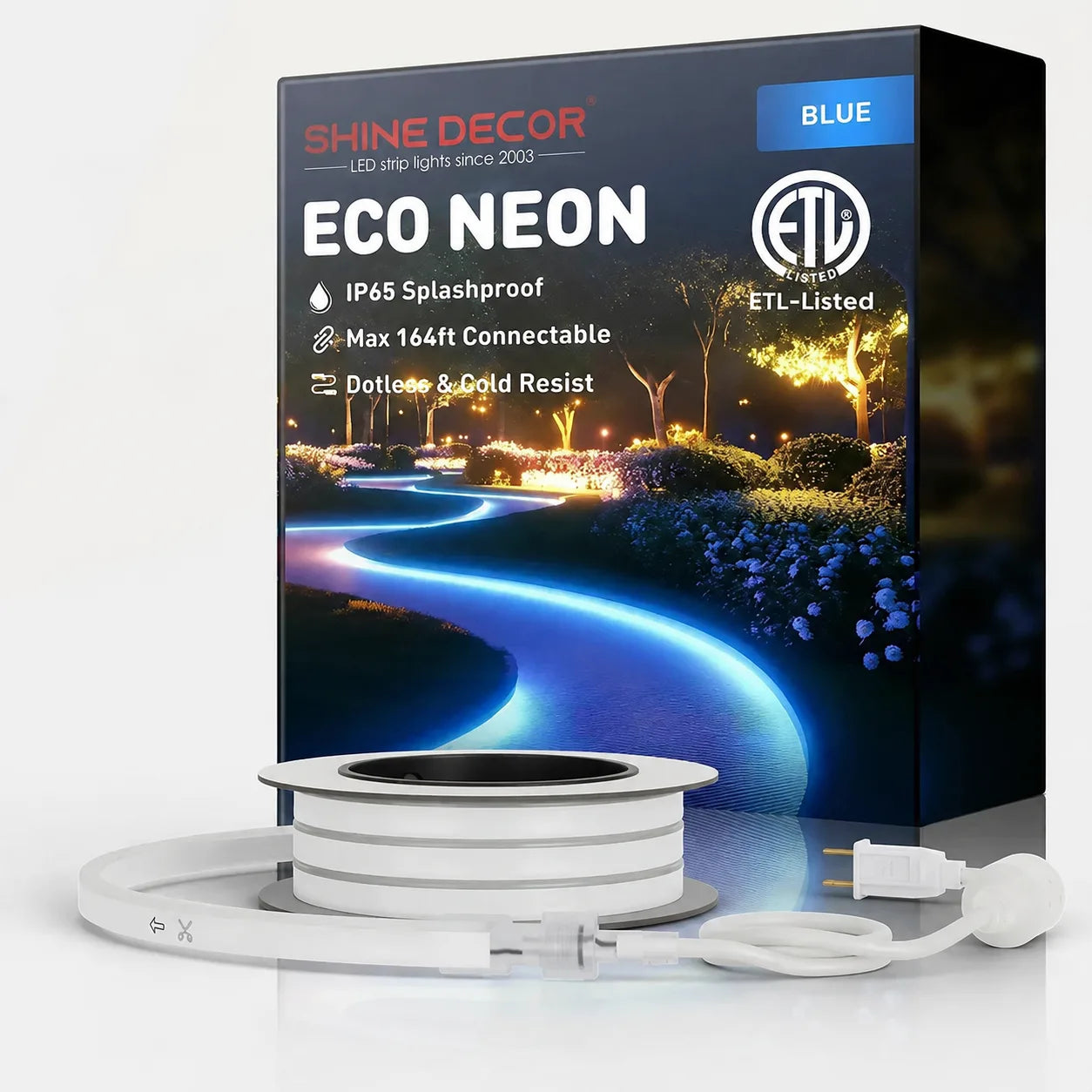 Blue LED Neon Rope Light – Dotless, Dimmable, IP65, ETL Listed