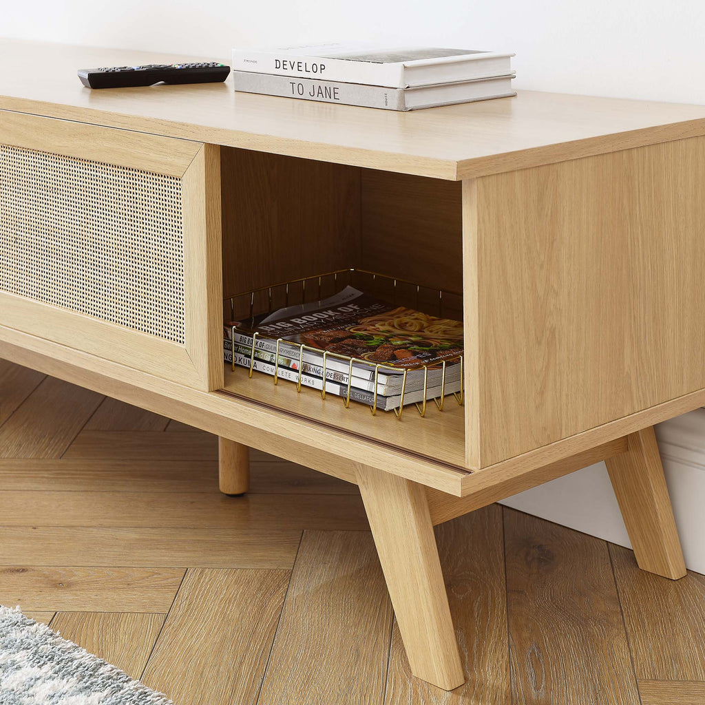 Soma 60" TV Stand | Oak &amp; Walnut Finish Options | Contemporary TV Stand | Natural Rattan Weave | MDF and Particleboard | Cable Management Holes | Sliding Doors image 1