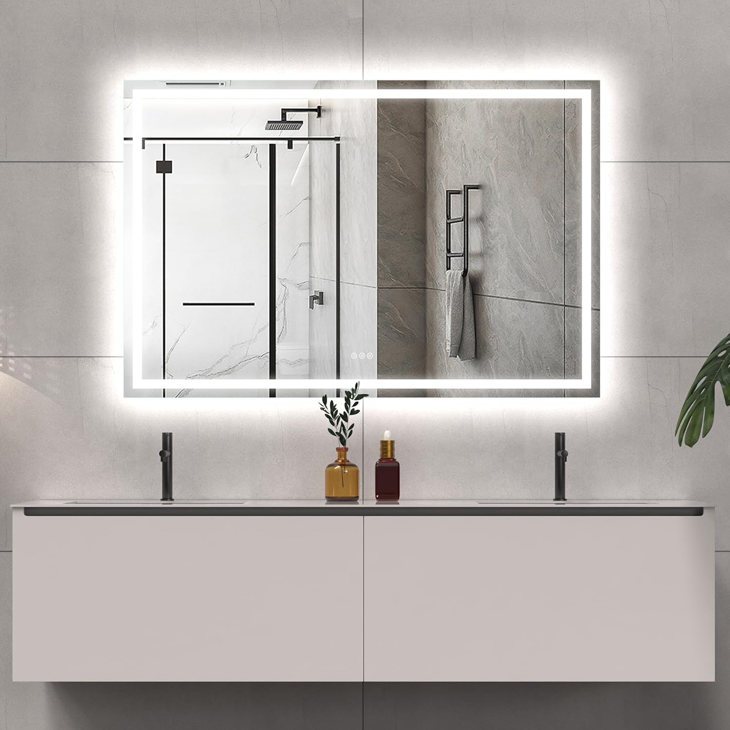 LED Bathroom Mirror 60x40 Inch Front &amp; Backlit Lights Vanity Mirror, Wall Mounted Anti-Fog Dimmable LED Makeup Mirror, IP54 3K-6K Warm/Natural/Daylight, Tempered Glass (Horizontal/Vertical) UL image 0