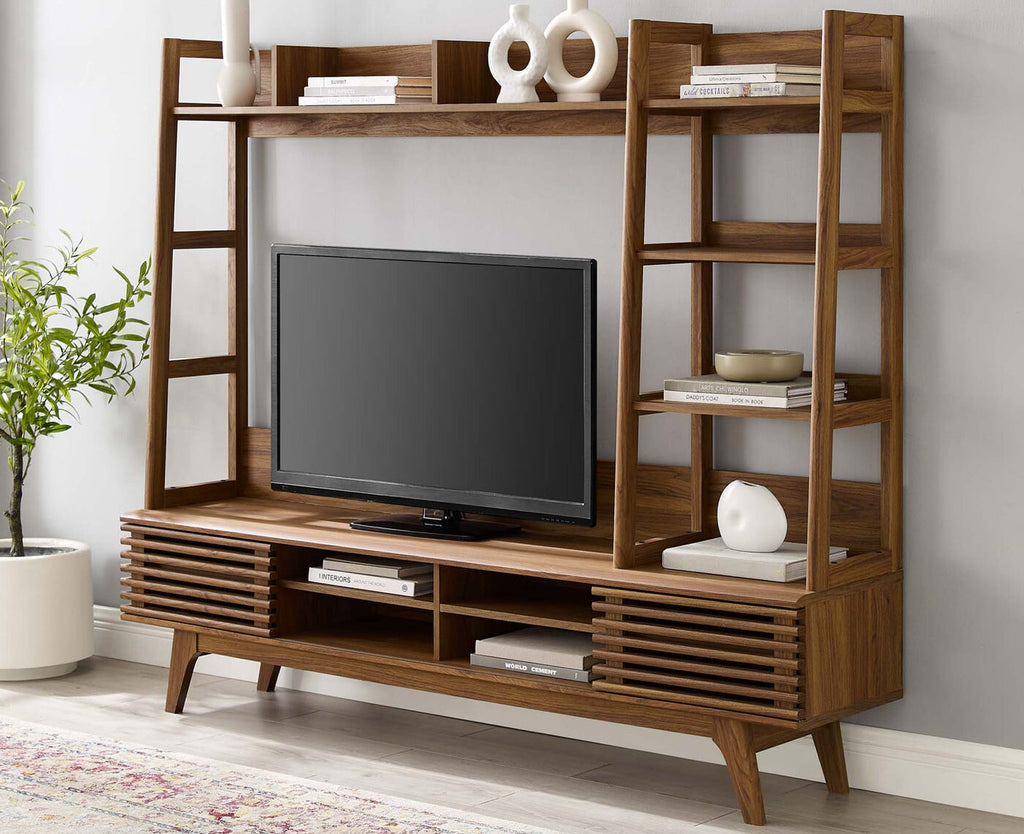 Render TV Stand Entertainment Center | Walnut Finish | Mid-Century Modern Entertainment Center | Smooth Wood Grain Laminate | Durable Particleboard and MDF Construction | Slatted Sliding Doors image 8