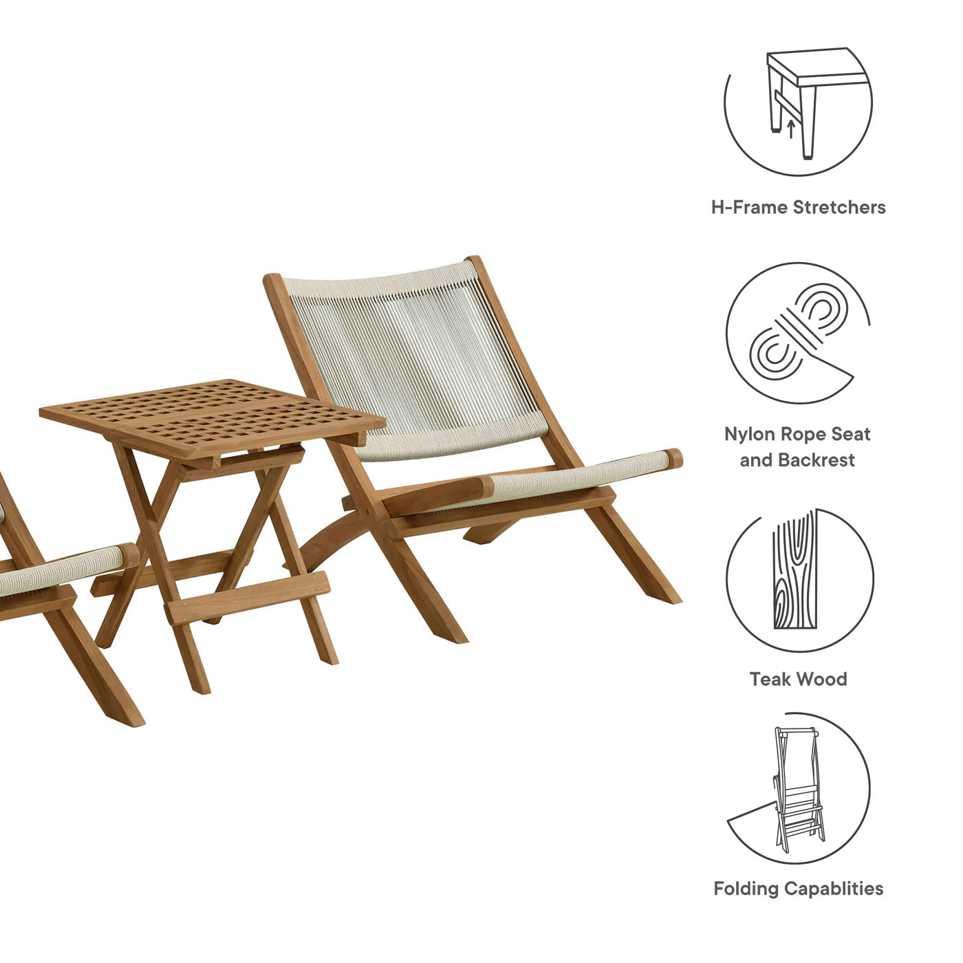 Vienna 3-Piece Outdoor Patio Folding Lounge Chair and Side Table Set in Teak and Rope image 9