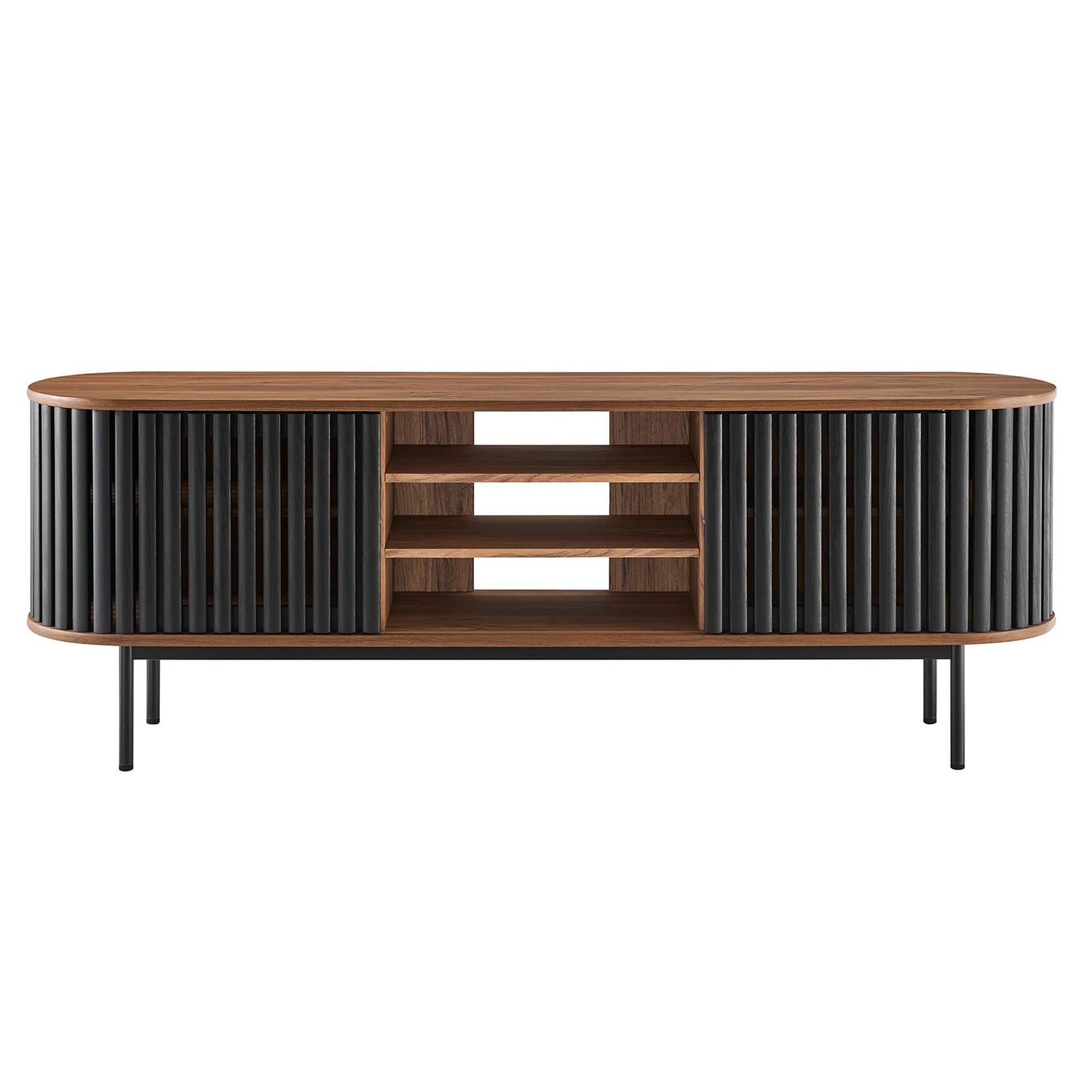 Fortitude 71" TV Stand | Oak &amp; Walnut Black Finish Options | Metal Legs | Open Back Design | Adjustable Shelves | Two Sliding Doors | MDF and Particleboard image 6