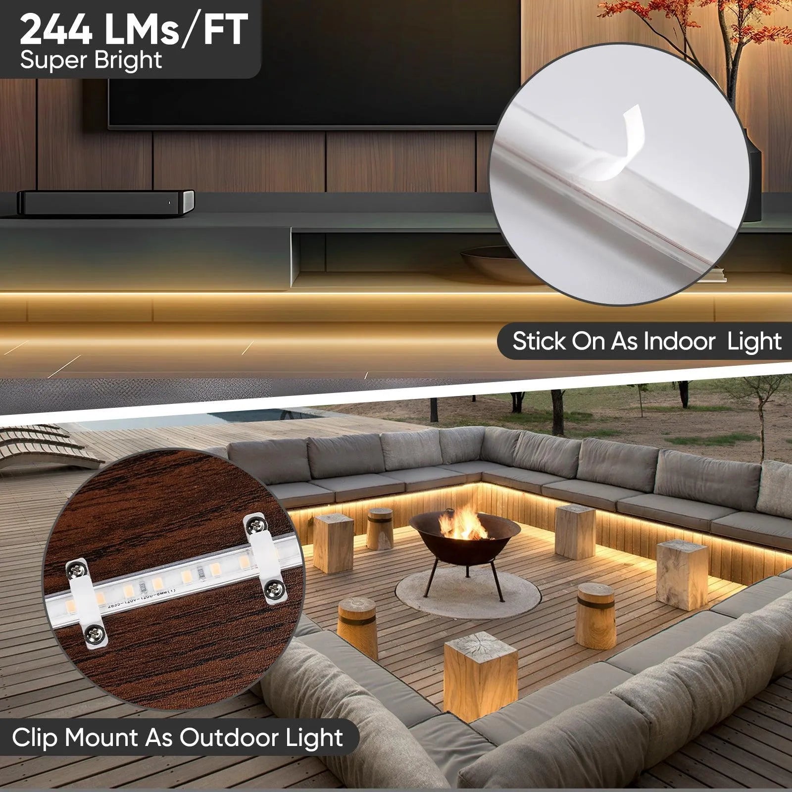 LED Strip Light Super Bright 800LM/M, Plug&amp;Play 110V Driverless Easy Wiring | Flicker Free Weatherproof for Outdoor Indoor | Min. 3.9” Cuttable, Stickable | 2800K Warm White | ETL Listed image 4