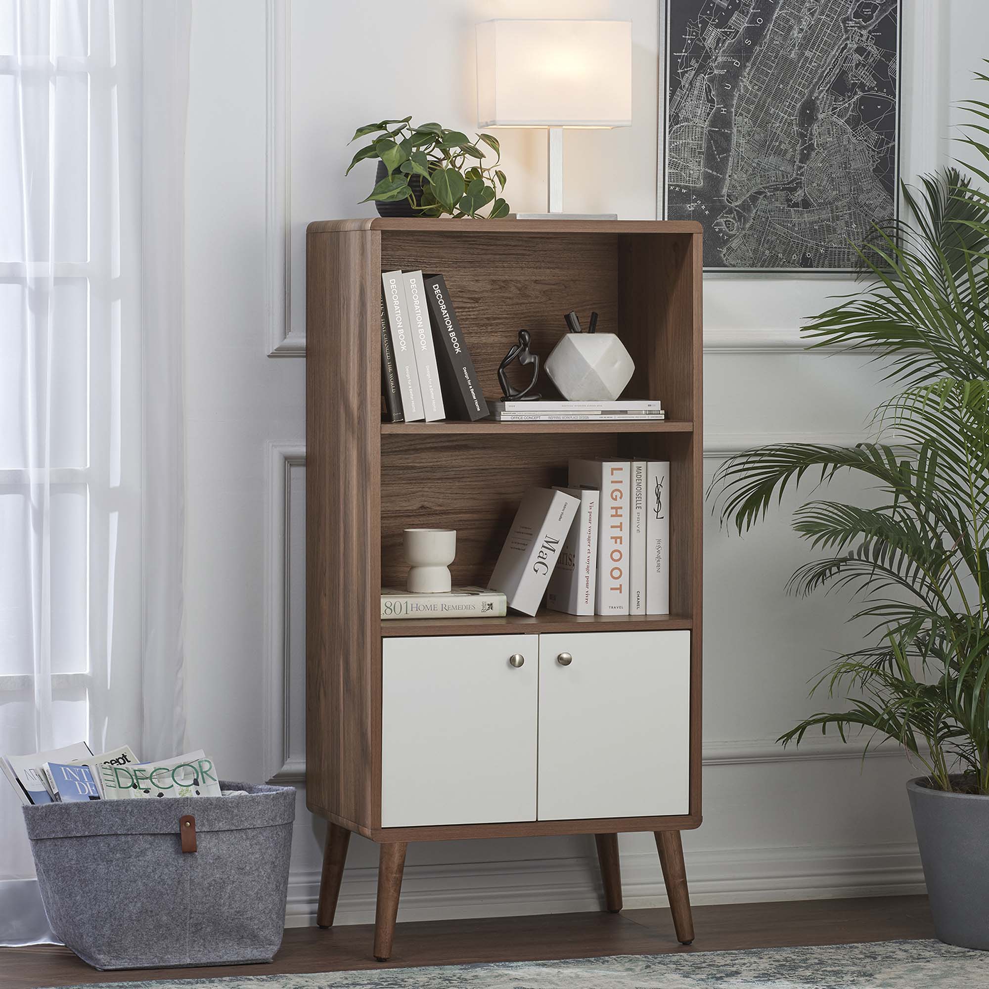 Transmit Display Cabinet Bookshelf | Walnut White | Mid-Century Display Cabinet | Smooth Wood Grain Laminate | Soft-Close Hinges | Modern Bookshelf image 0