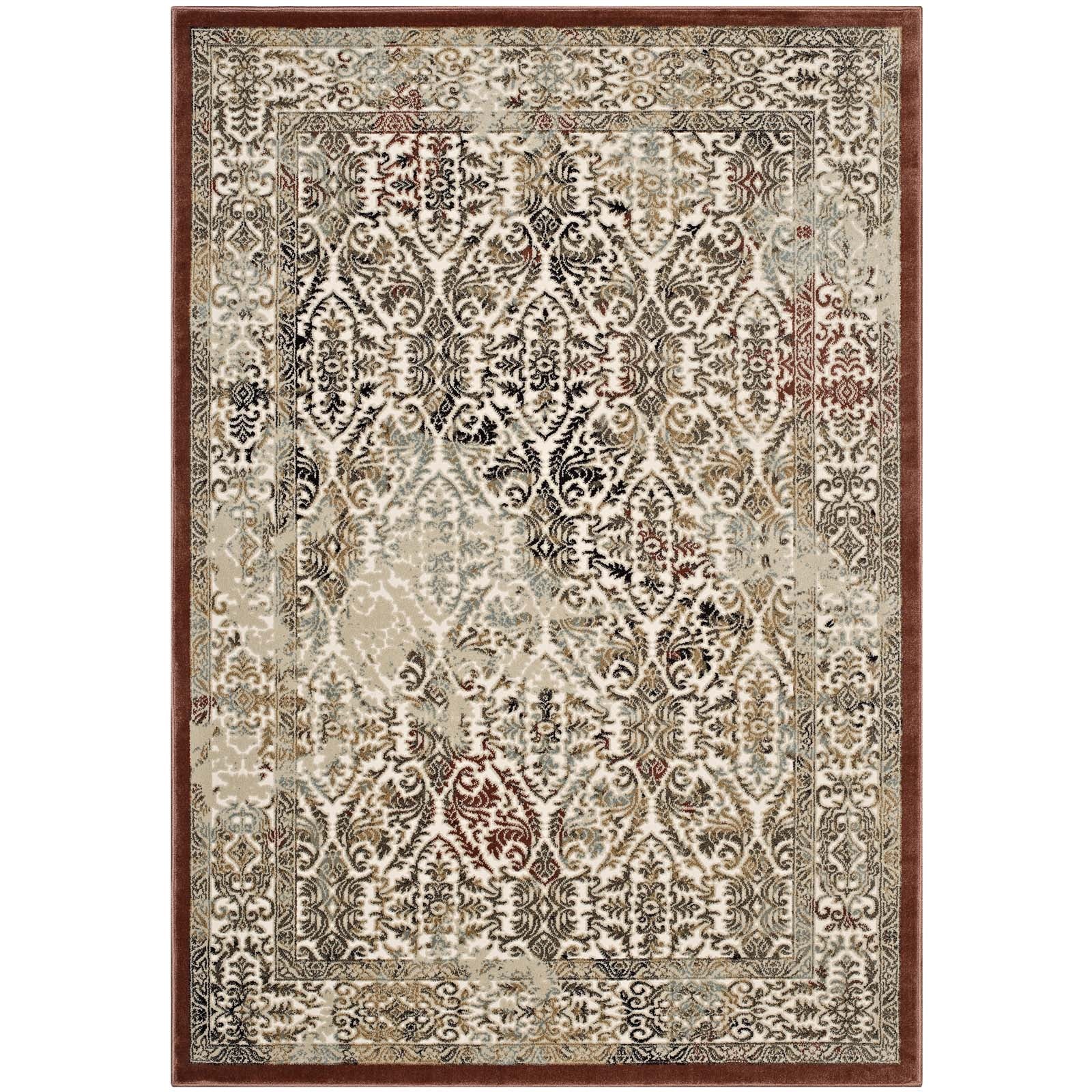 Hester Ornate Turkish Vintage Area Rug  | Tan and Walnut Brown | 5X8 &amp; 8X10 Size Options | Tight Low Pile Weave | Gripping Rubber Underside | Polypropylene / Polyester Blend image 1