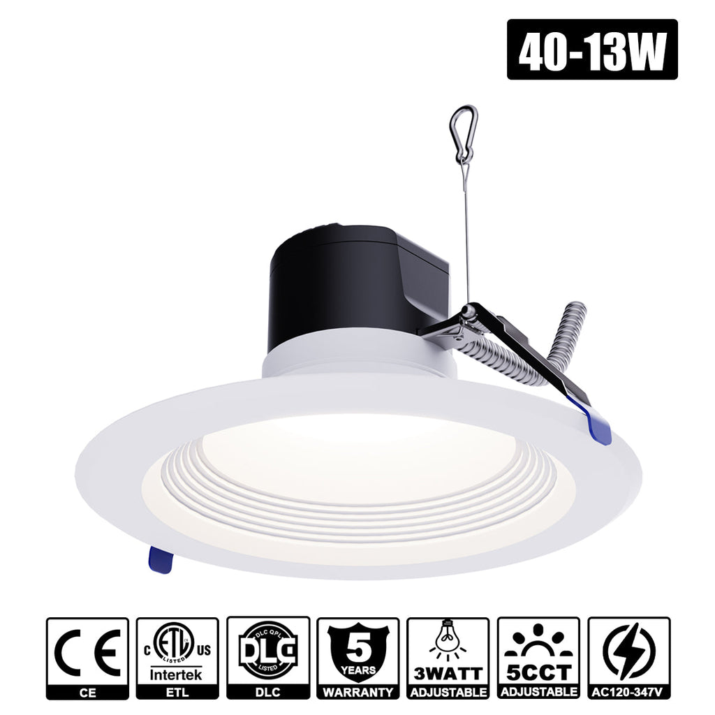 6", 8", 10" LED Downlight | 0-10V Dimmable | 13W - 40W Wattage Tuneable | 2700K/3000K/3500K/4000K/5000K 5 CCT Changeable | Baffle Trim | Damp Rated