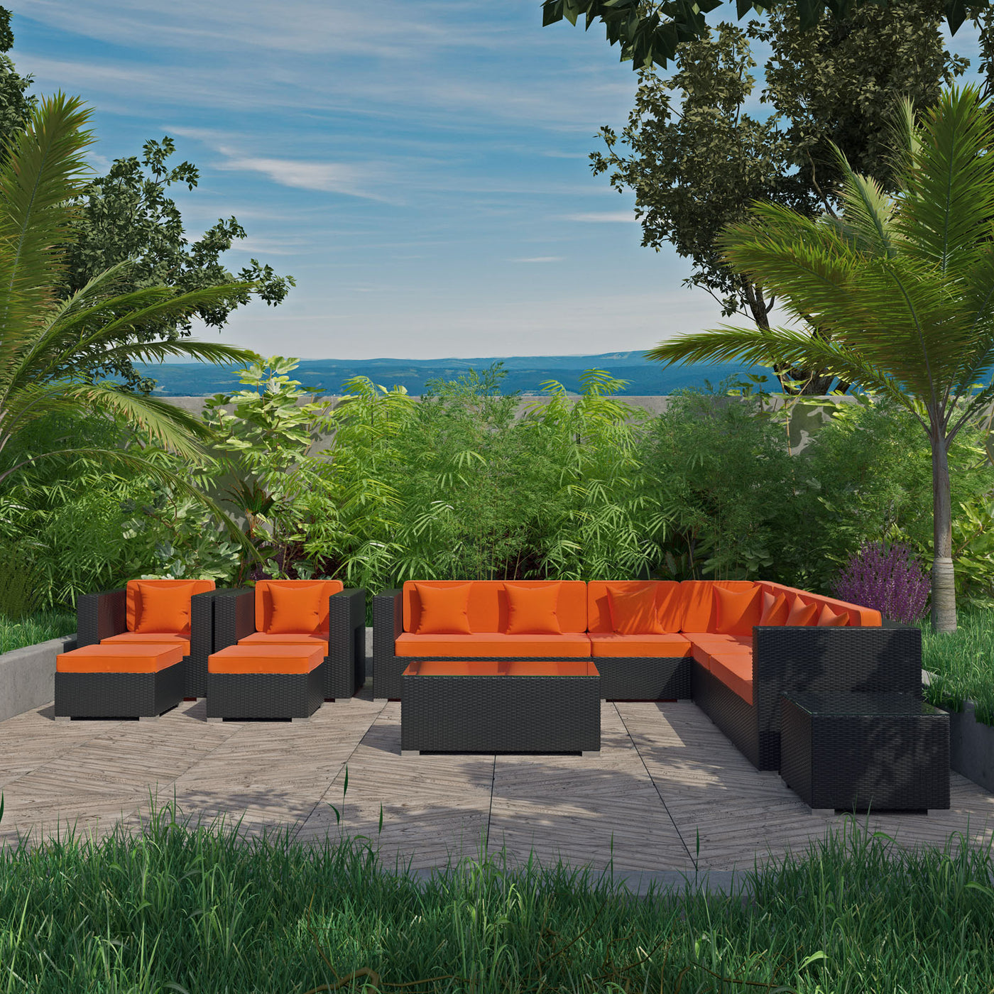 Cohesion 11-Piece Outdoor Patio Sectional Set in Espresso and Orange image 1