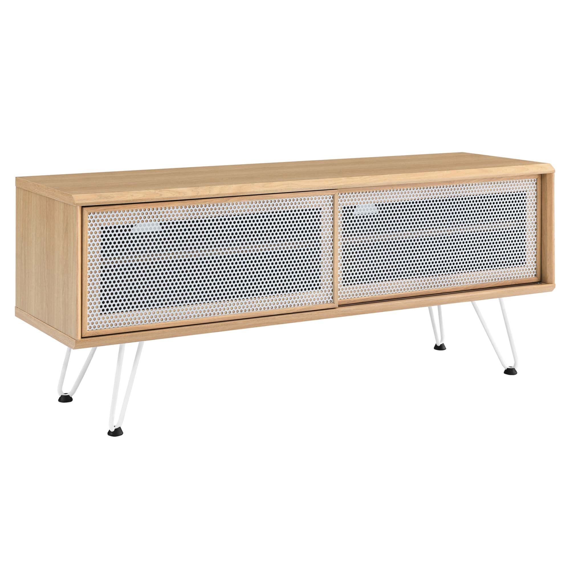 Nomad 47" TV Stand | Oak &amp; Walnut Finish Options | Industrial Modern TV Stand | Sliding Mesh Doors | Honeycomb Core | Wood Grain Laminate | Hairpin Legs image 7