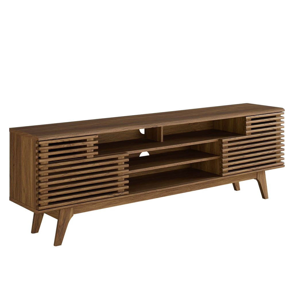 Render 71" Media Console TV Stand | Oak &amp; Walnut Finish Options | Mid-Century Modern Entertainment Center | Smooth Wood Grain Laminate | Durable Particleboard and MDF Construction | Slatted Sliding Doors image 7