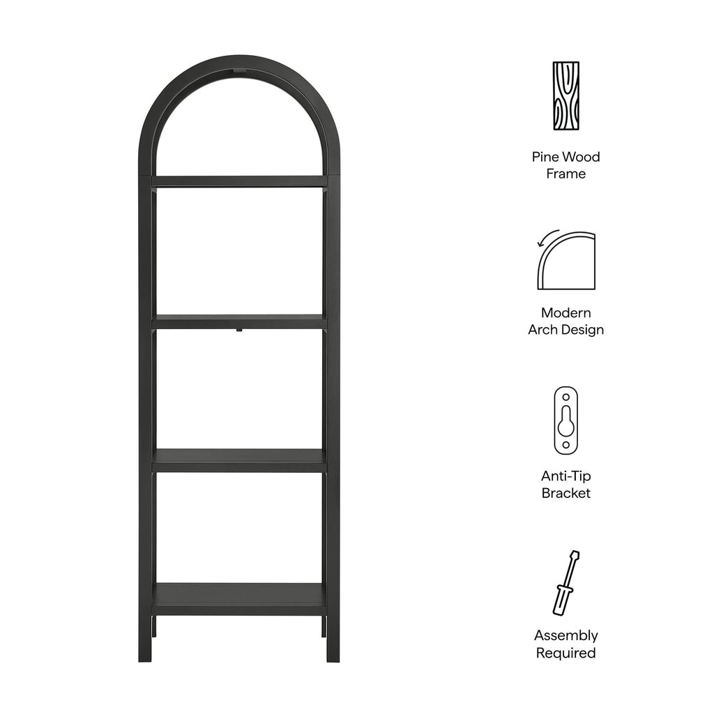 Vexley 72 Inch Tall Narrow Arched Bookshelf | Natural, Black &amp; Walnut Color Options | Pine Wood Frame | Sculptural Arched Silhouette | 4 Pine Wood Shelves image 2