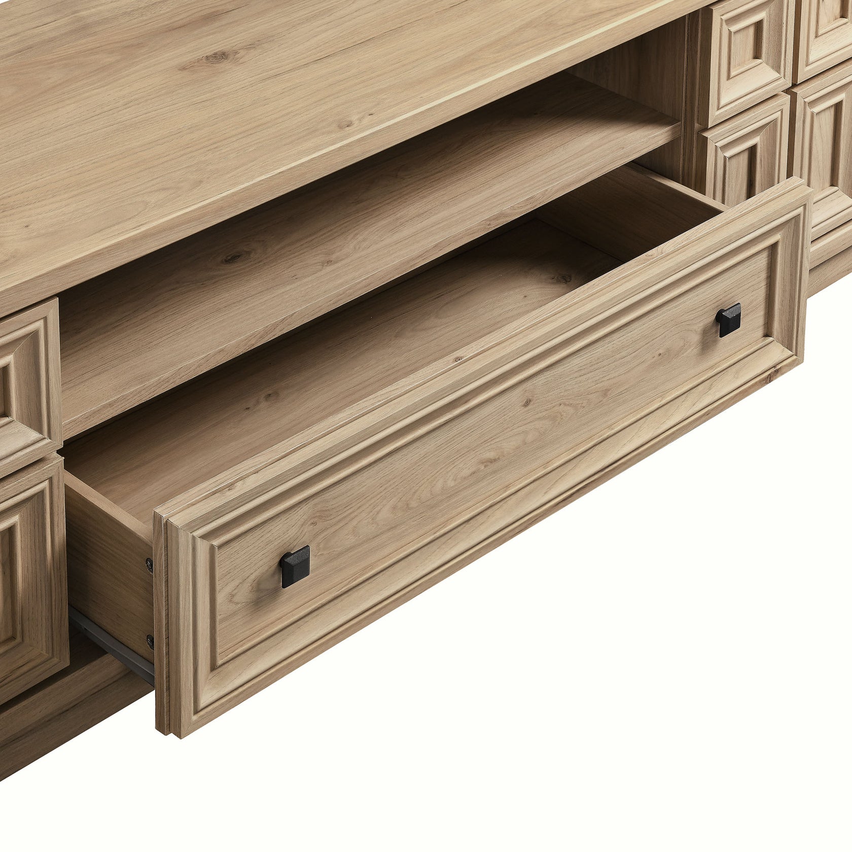 Samos 59" TV Stand | Light Oak &amp; Black Finish Options | Soft Close Hinges | 2 Push-to-Open Doors | Full-Glide Drawer | Cable Management Hole | Central Leveling Legs image 5