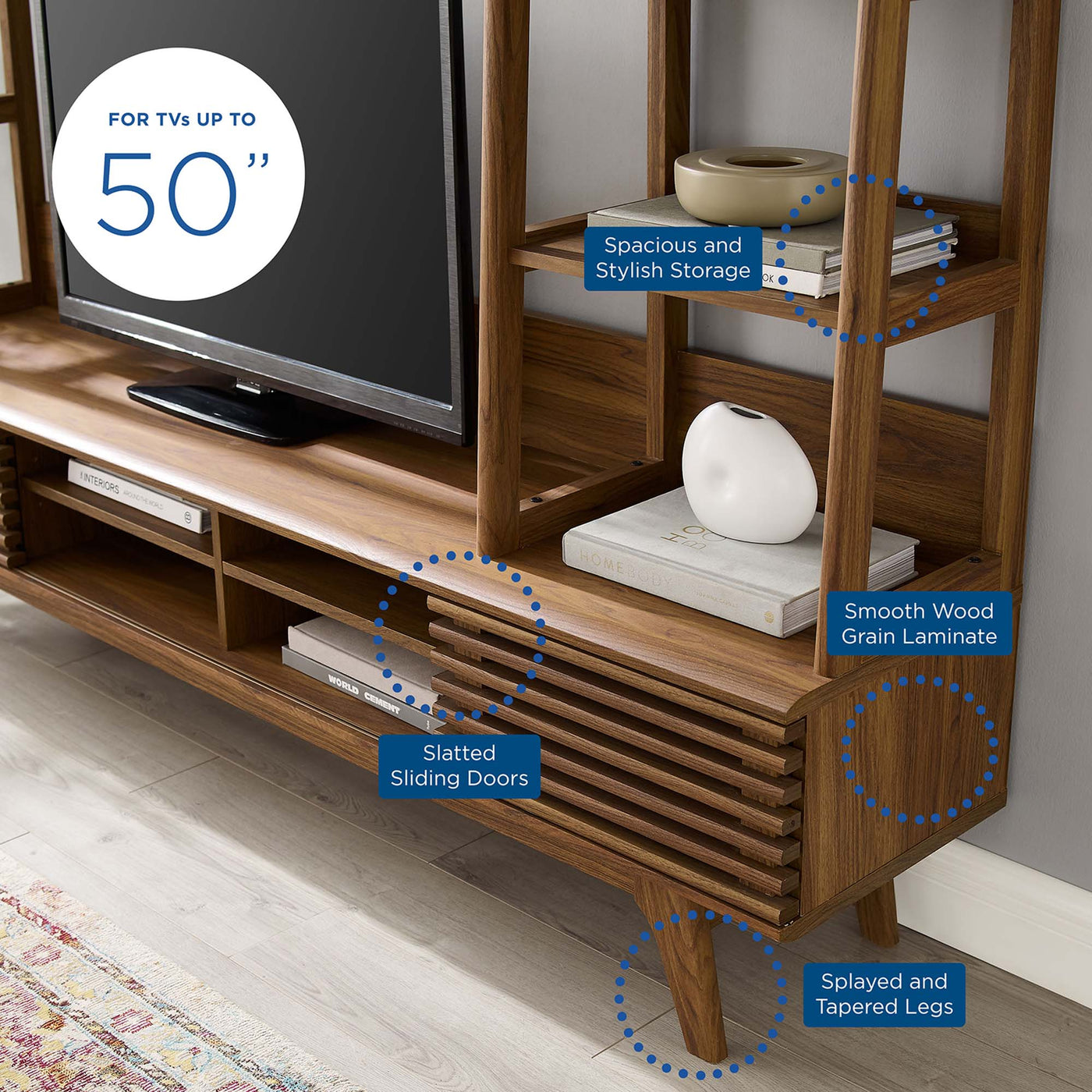 Render TV Stand Entertainment Center | Walnut Finish | Mid-Century Modern Entertainment Center | Smooth Wood Grain Laminate | Durable Particleboard and MDF Construction | Slatted Sliding Doors image 7