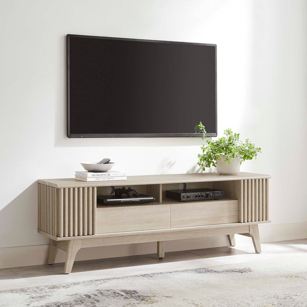 Eudora 60" TV Stand | Oak &amp; Walnut Finish Options | Modern TV Stand | Hinged Corner Doors | Full-Glide Drawers | Particleboard and MDF Construction | Non-Marking Foot Pads image 0