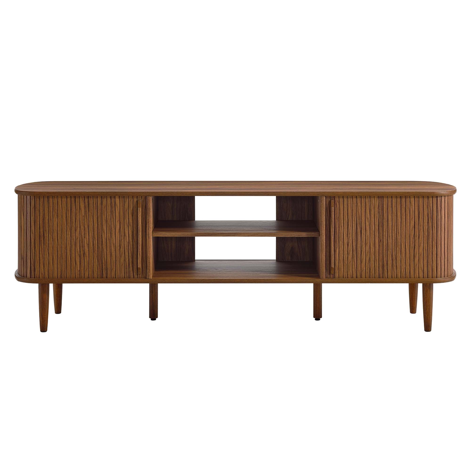 Contour 63" Wood TV Stand | Oak &amp; Walnut Finish Options | Mid-Century Modern TV Stand | Rubberwood, Particleboard, MDF | Adjustable Shelves | Sliding Doors image 8