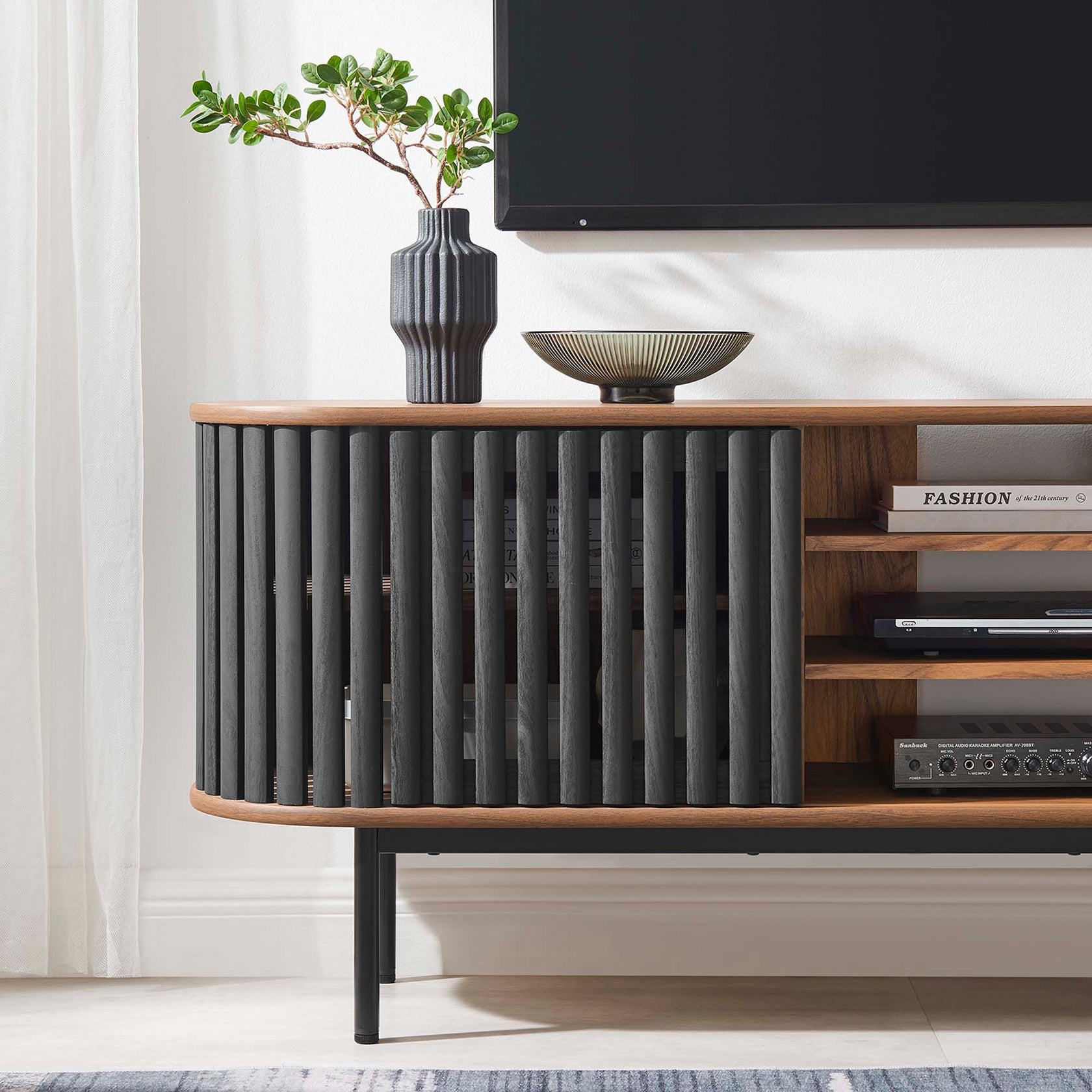 Fortitude 71" TV Stand | Oak &amp; Walnut Black Finish Options | Metal Legs | Open Back Design | Adjustable Shelves | Two Sliding Doors | MDF and Particleboard image 1
