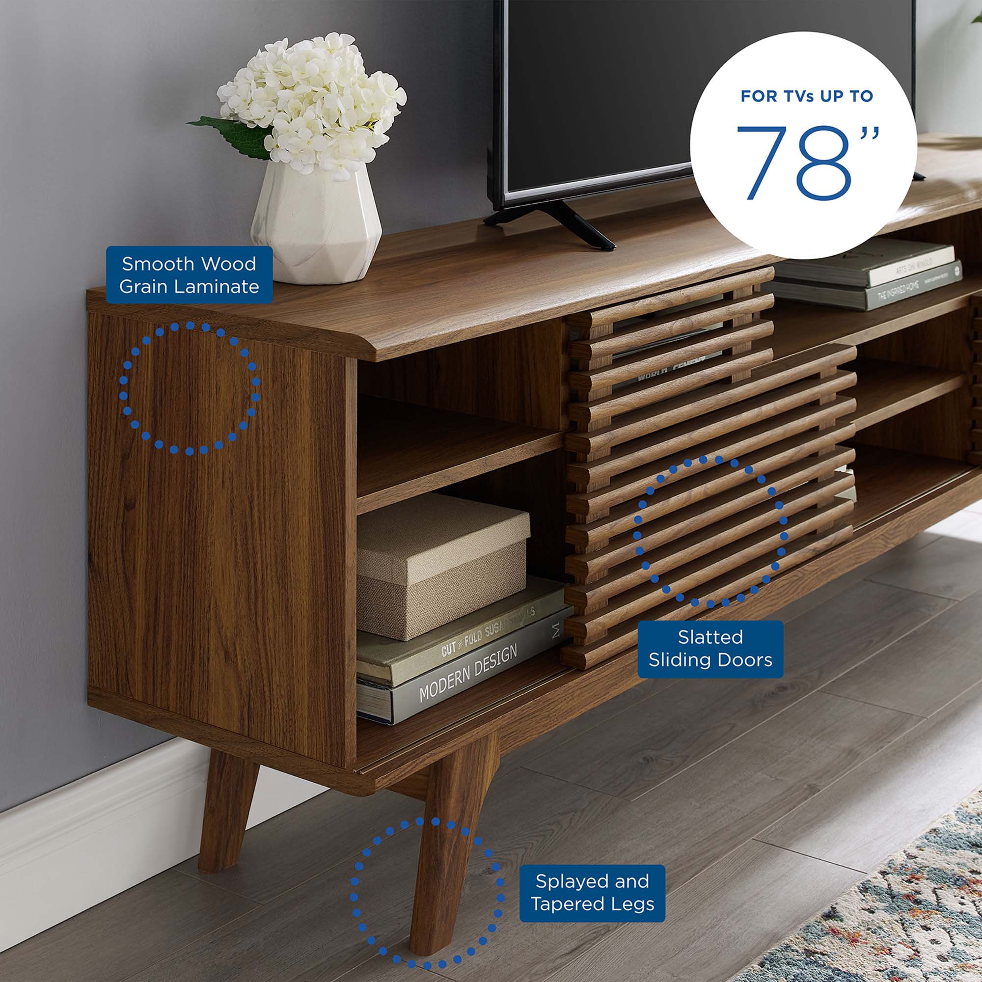 Render 71" Media Console TV Stand | Oak &amp; Walnut Finish Options | Mid-Century Modern Entertainment Center | Smooth Wood Grain Laminate | Durable Particleboard and MDF Construction | Slatted Sliding Doors image 2
