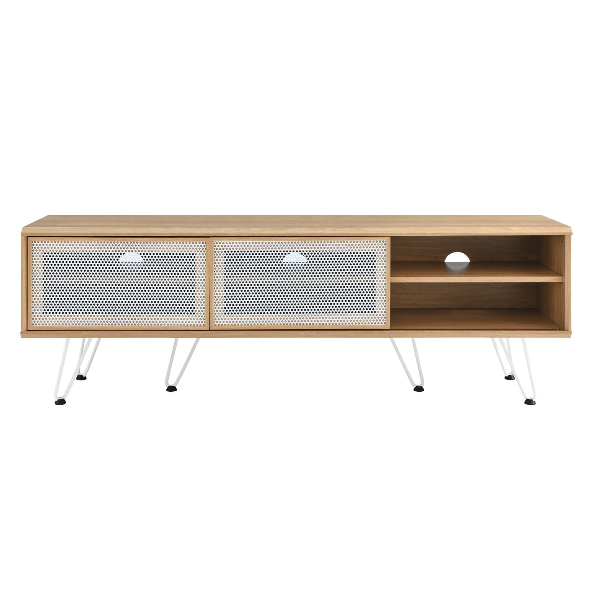 Nomad 59" TV Stand | Oak &amp; Walnut Finish Options | Industrial Modern TV Stand | Sliding Mesh Doors | Honeycomb Core | Wood Grain Laminate | Hairpin Legs image 2