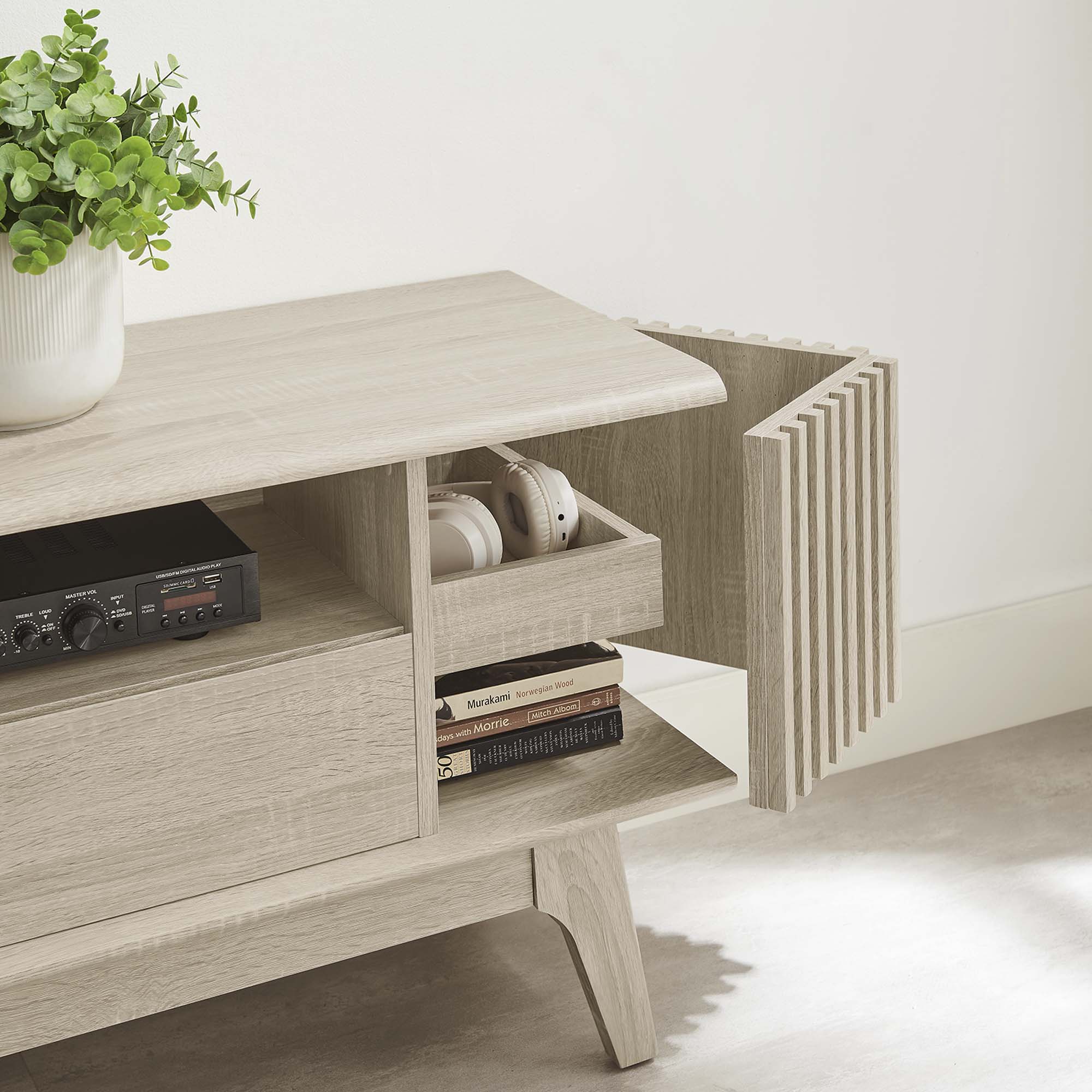 Eudora 60" TV Stand | Oak &amp; Walnut Finish Options | Modern TV Stand | Hinged Corner Doors | Full-Glide Drawers | Particleboard and MDF Construction | Non-Marking Foot Pads image 2