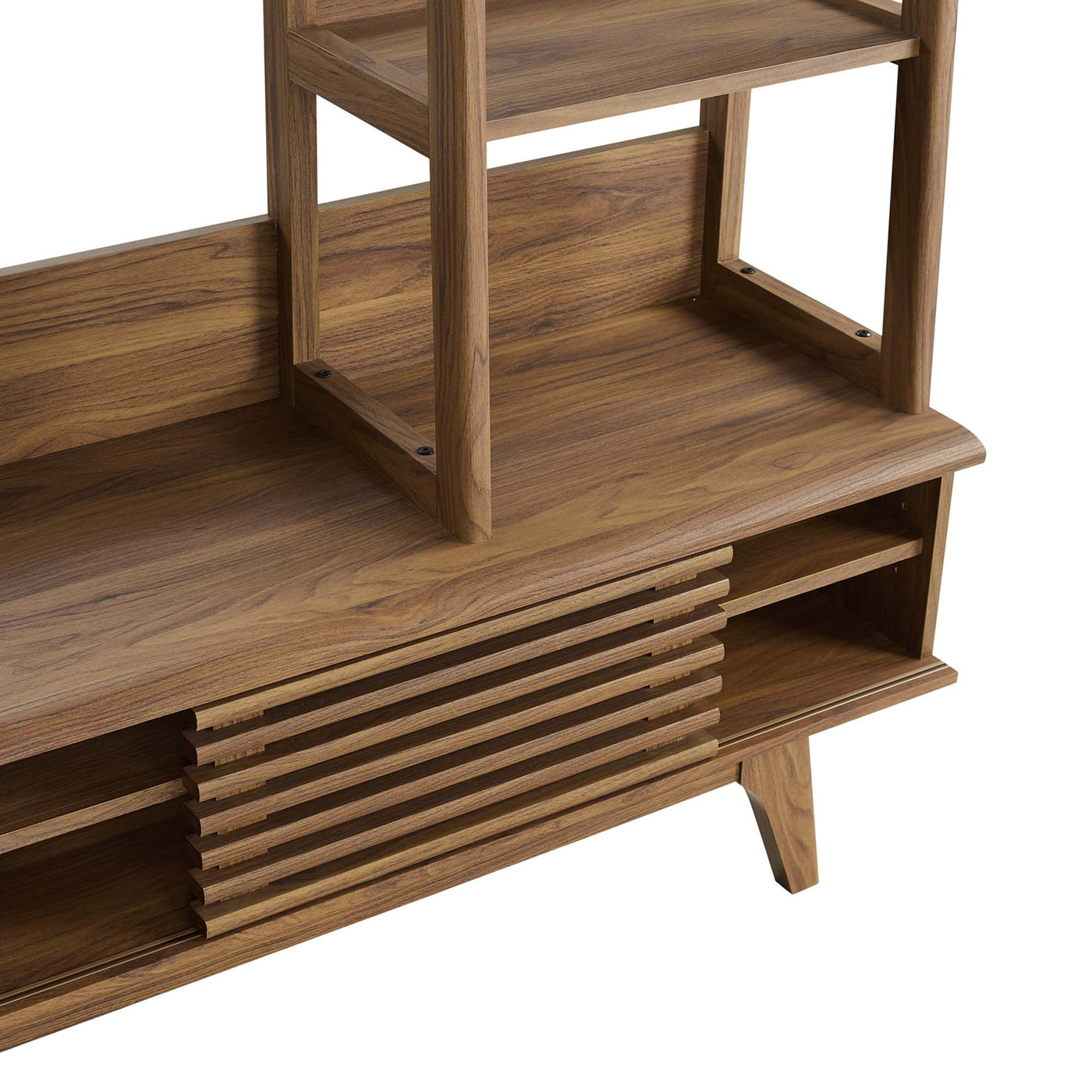 Render TV Stand Entertainment Center | Walnut Finish | Mid-Century Modern Entertainment Center | Smooth Wood Grain Laminate | Durable Particleboard and MDF Construction | Slatted Sliding Doors image 5