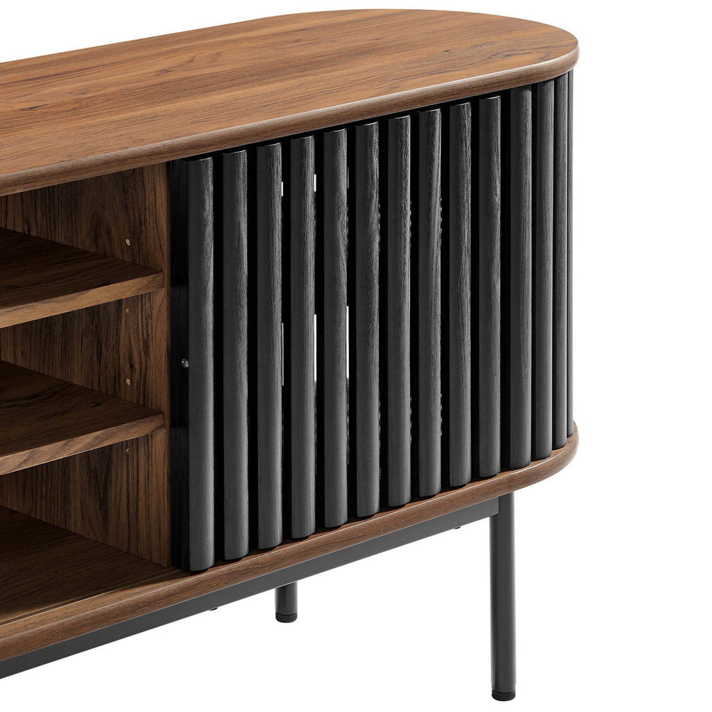 Fortitude 71" TV Stand | Oak &amp; Walnut Black Finish Options | Metal Legs | Open Back Design | Adjustable Shelves | Two Sliding Doors | MDF and Particleboard image 4