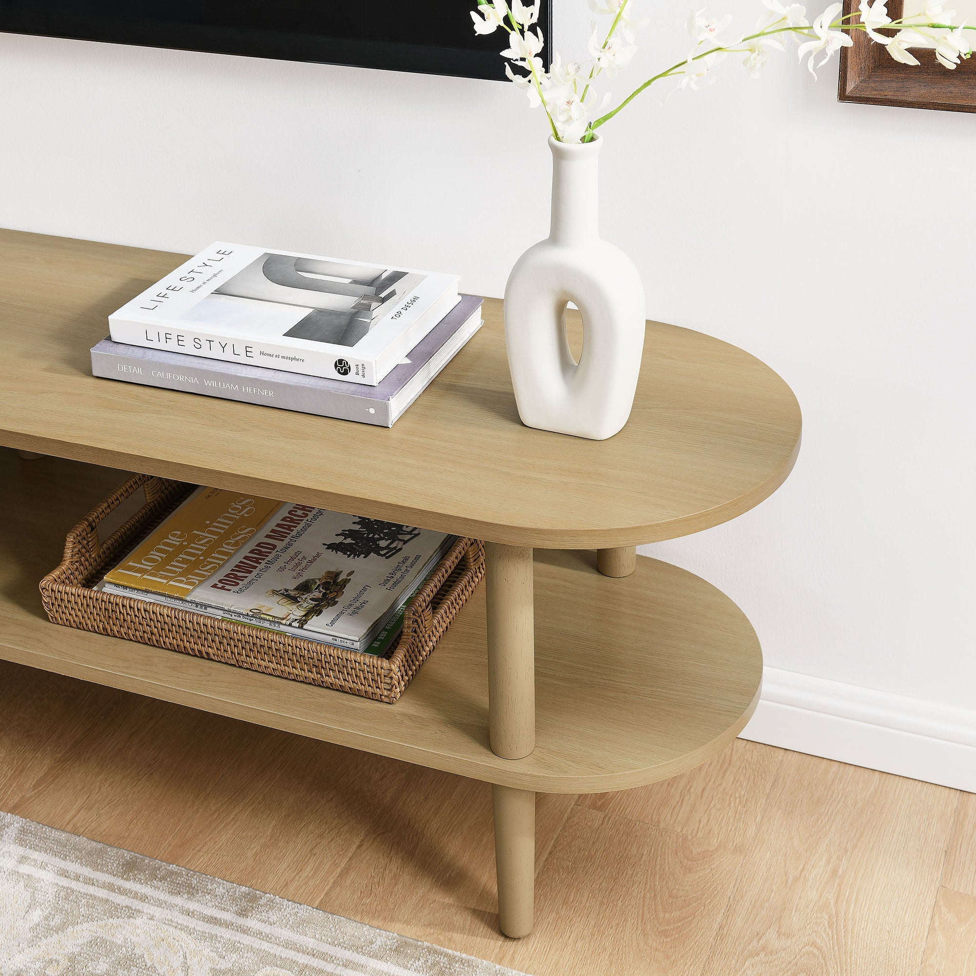 Torus Oval Wood TV Stand | Light Oak &amp; Walnut Finish Options | Oval TV Table | Wood Construction | Laminate Finish | 6 Wood Legs image 4