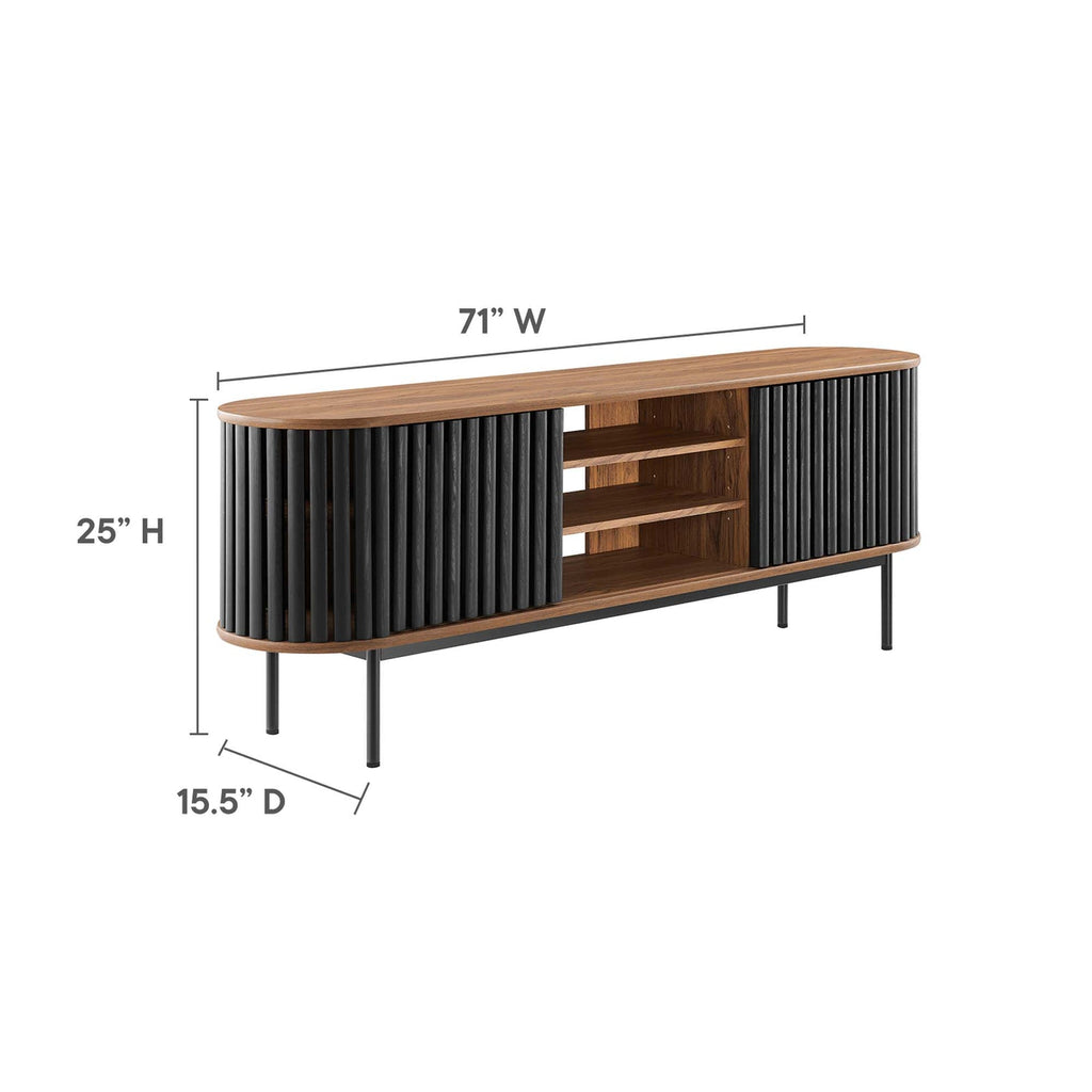 Fortitude 71" TV Stand | Oak &amp; Walnut Black Finish Options | Metal Legs | Open Back Design | Adjustable Shelves | Two Sliding Doors | MDF and Particleboard image 2