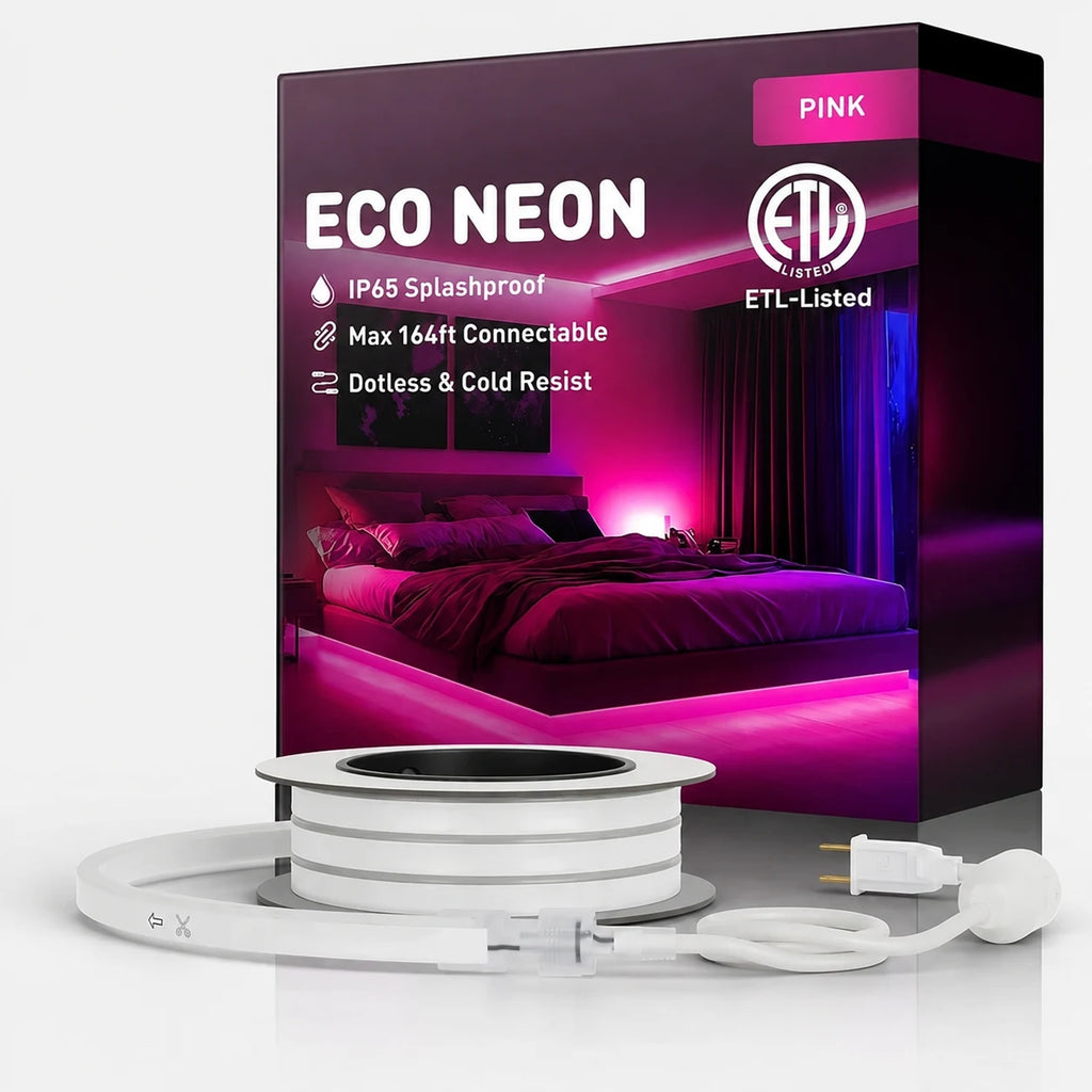 Pink LED Neon Rope Light – Dotless, Dimmable, IP65, ETL Listed
