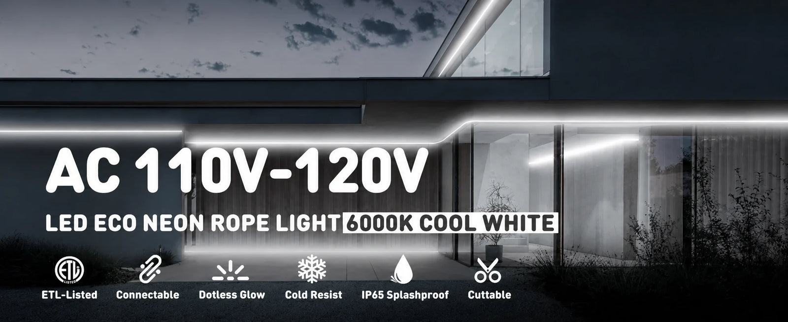 6000K Cool White LED Neon Rope Light – Dotless, Dimmable, IP65, ETL Listed
