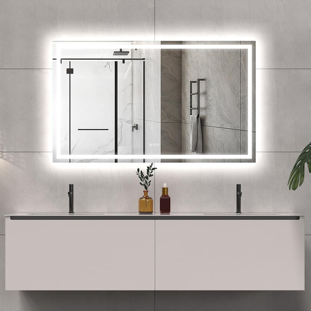 LED Bathroom Mirror 60x36 Inch Front &amp; Backlit Lights Vanity Mirror, Wall Mounted Anti-Fog Dimmable LED Makeup Mirror, IP54 3K-6K Warm/Natural/Daylight, Tempered Glass (Horizontal/Vertical) UL image 0
