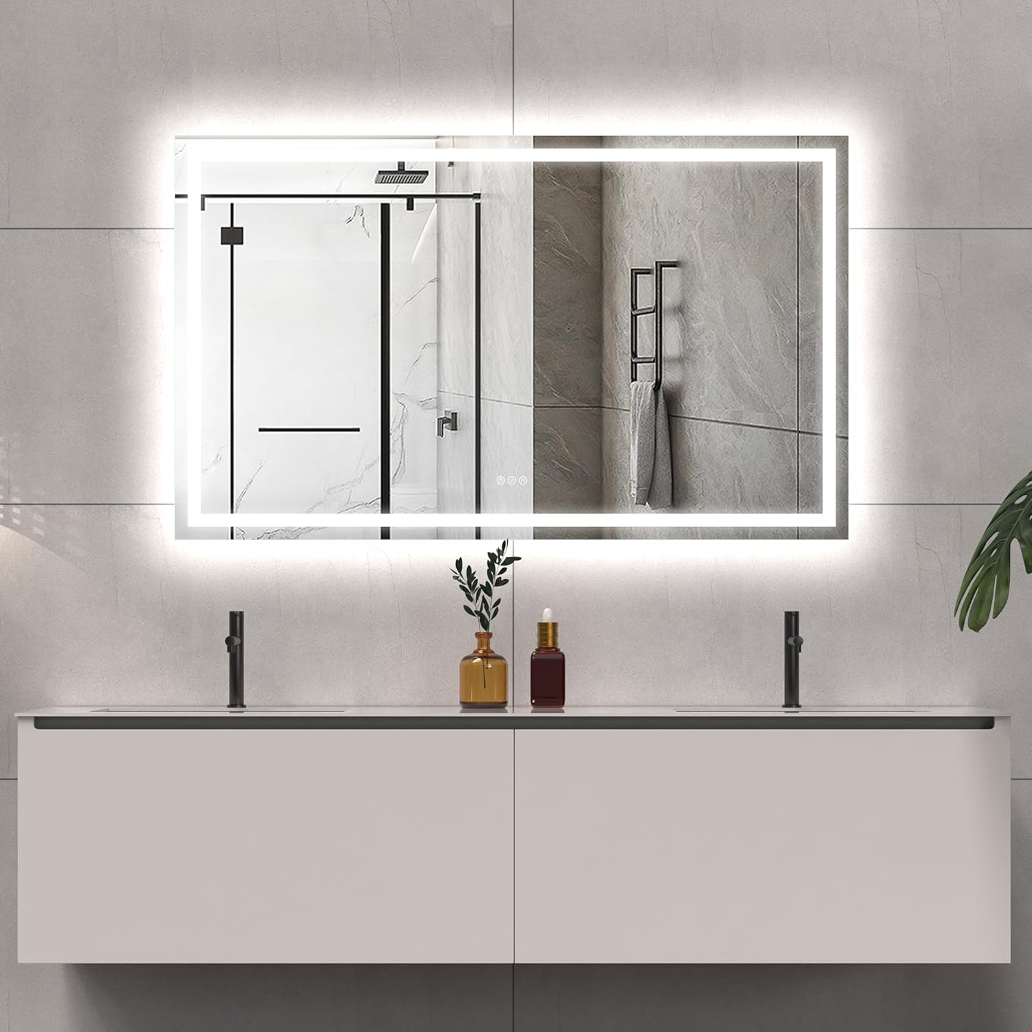 LED Bathroom Mirror 60x36 Inch Front &amp; Backlit Lights Vanity Mirror, Wall Mounted Anti-Fog Dimmable LED Makeup Mirror, IP54 3K-6K Warm/Natural/Daylight, Tempered Glass (Horizontal/Vertical) UL image 0