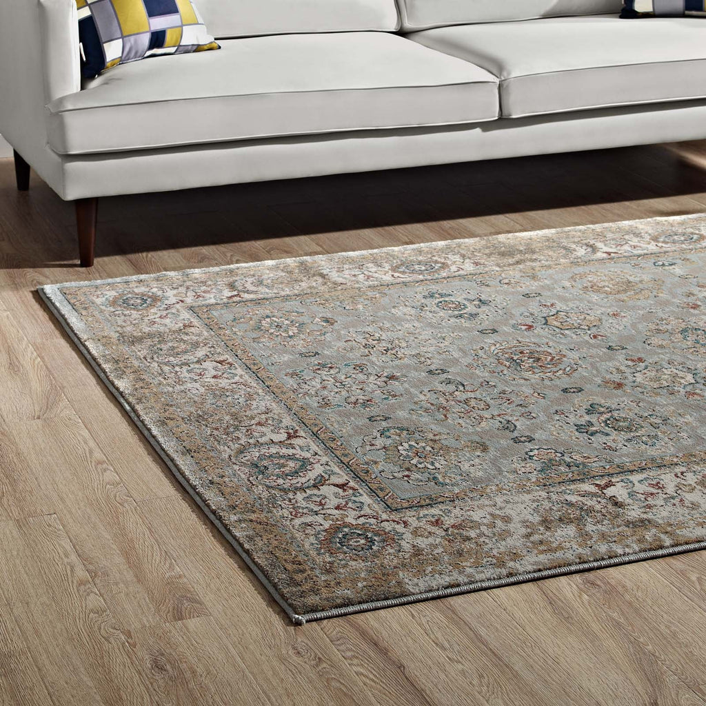 Hisa Distressed Vintage Floral Lattice 5x8 Area Rug in Silver Blue Beige and Brown | Tight Low Pile Weave | Gripping Rubber Underside | Two-Ply Polypropylene Yarn image 6