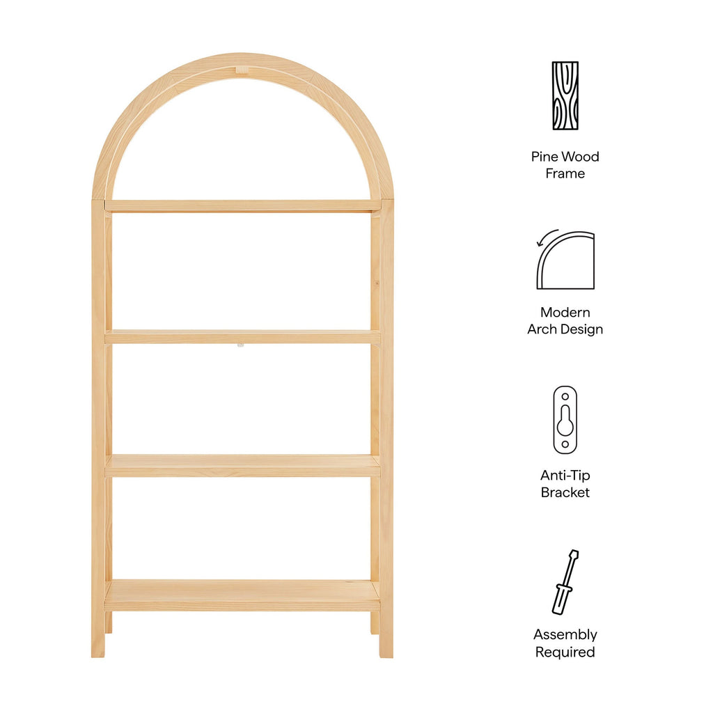 Vexley 72 Inch Large Arched Bookshelf  | Natural, Black &amp; Walnut Color Options | Pine Wood Frame | Sculptural Arched Silhouette | 4 Pine Veneer Shelves image 1