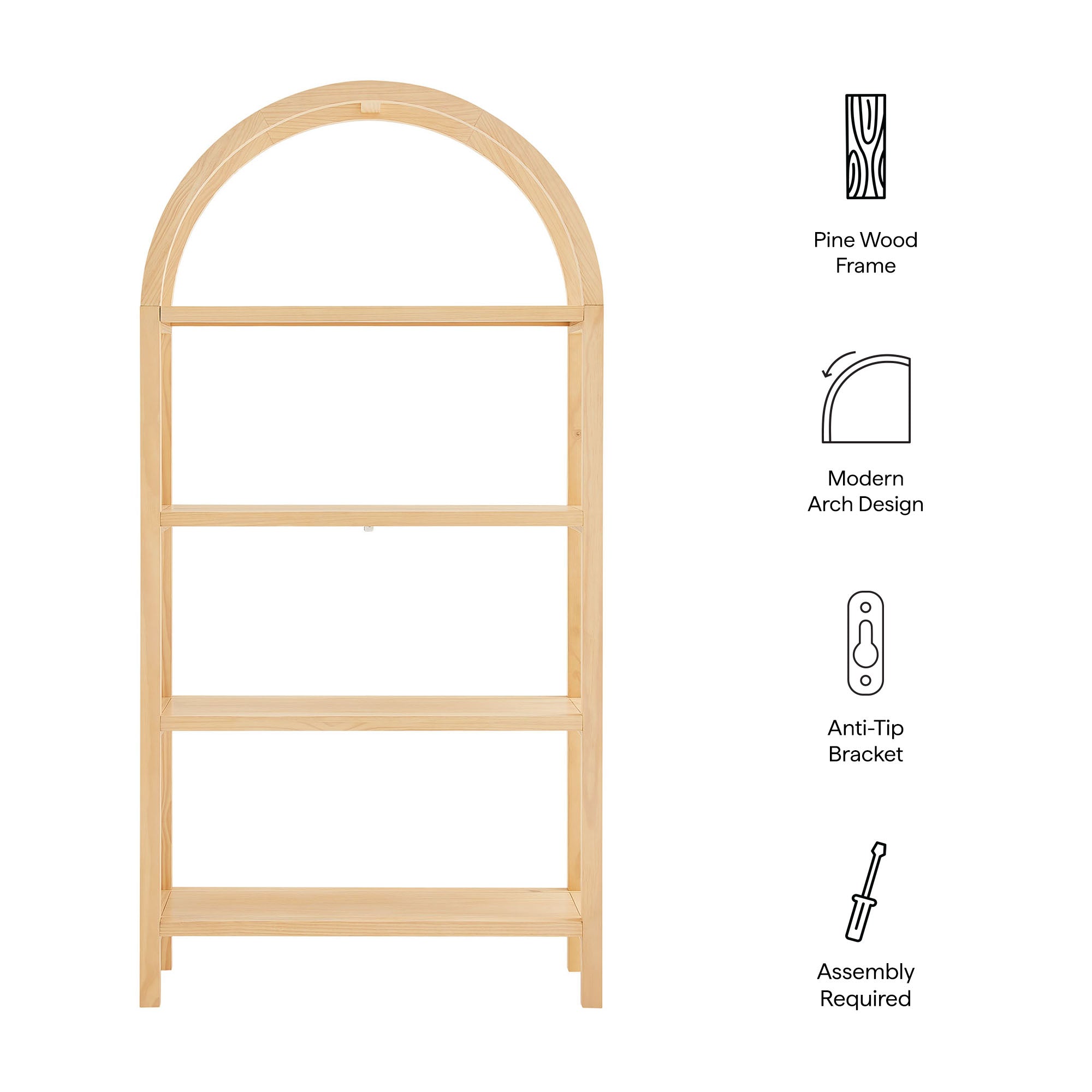 Vexley 72 Inch Large Arched Bookshelf  | Natural, Black &amp; Walnut Color Options | Pine Wood Frame | Sculptural Arched Silhouette | 4 Pine Veneer Shelves image 1