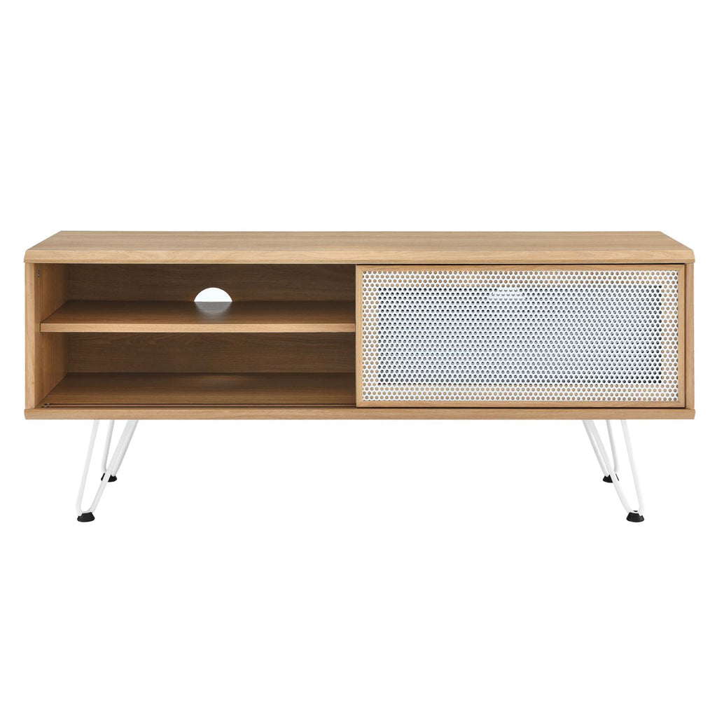 Nomad 47" TV Stand | Oak &amp; Walnut Finish Options | Industrial Modern TV Stand | Sliding Mesh Doors | Honeycomb Core | Wood Grain Laminate | Hairpin Legs image 4