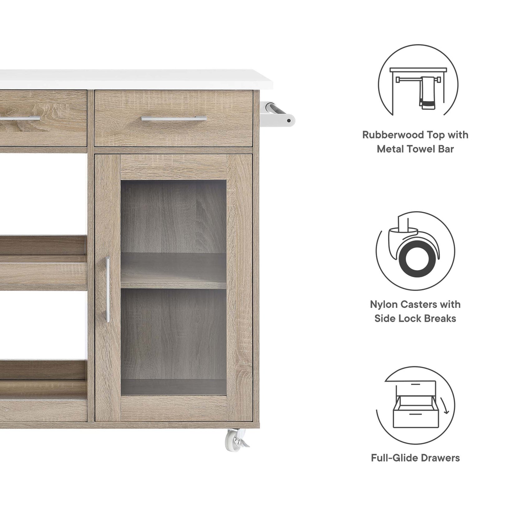 Culinary Kitchen Cart With Towel Bar | Rubberwood Top | Light Gray Natural, White Natural, Charcoal Natural &amp; Oak White Options image 2