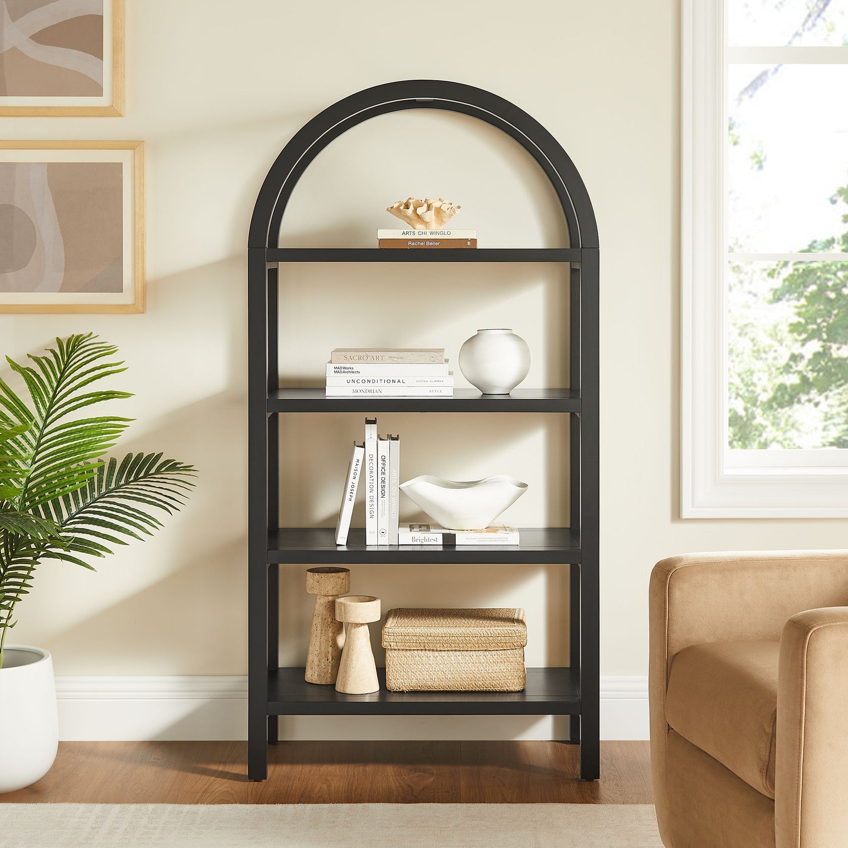 Vexley 60 Inch Arched Bookshelf  | Natural, Black &amp; Walnut Color Options| Pine Wood Frame | Sculptural Arched Silhouette | 4 Pine Veneer Shelves image 3