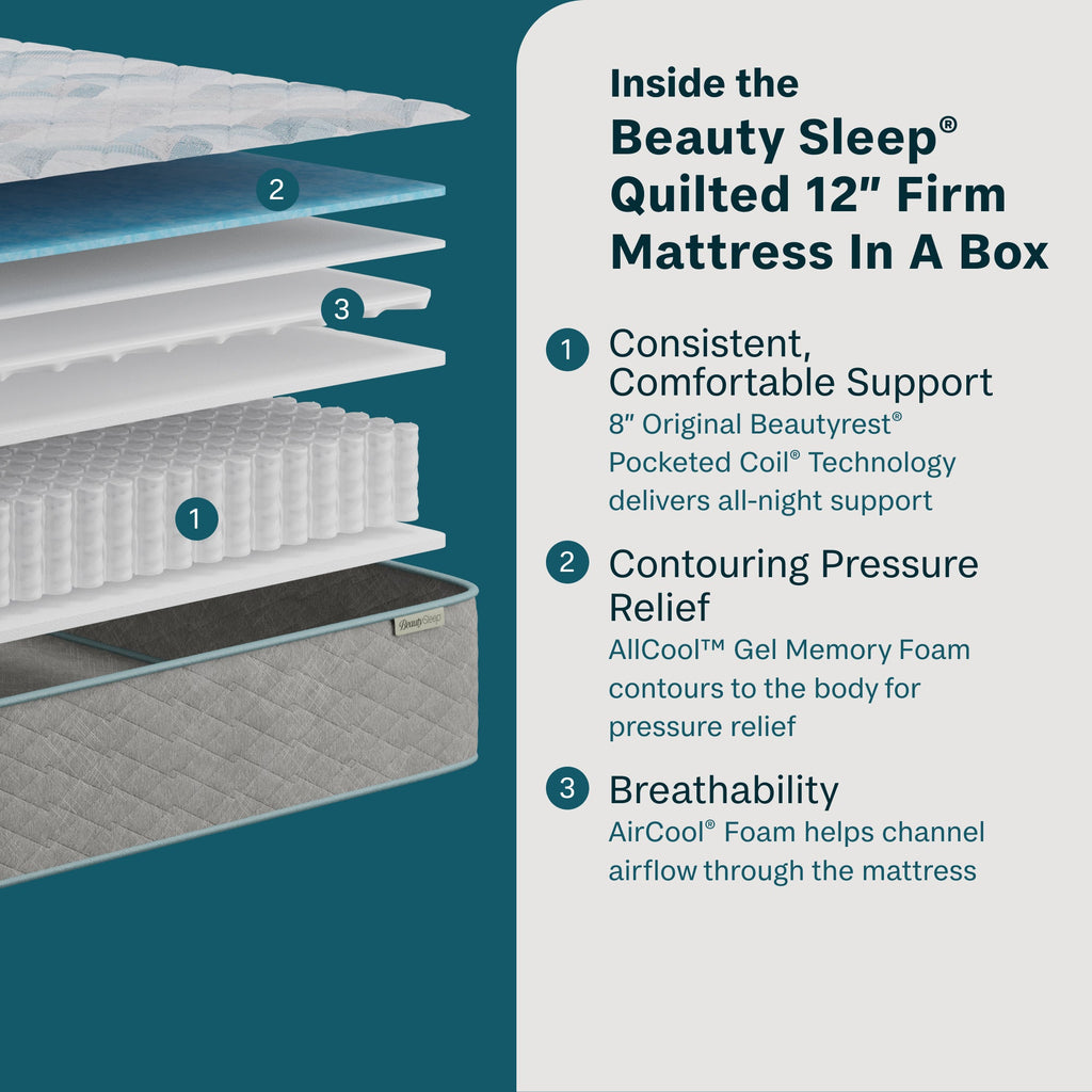 Beauty Sleep Soothing Nights™ 12” Firm Quilted Mattress In A Box | Beautyrest® Pocketed Coil® Technology | AllCool™ Gel Memory Foam | Contouring Pressure Relief | CertiPUR-US® Certified | 10-Year Limited Warranty | 100-Night Trial image 2