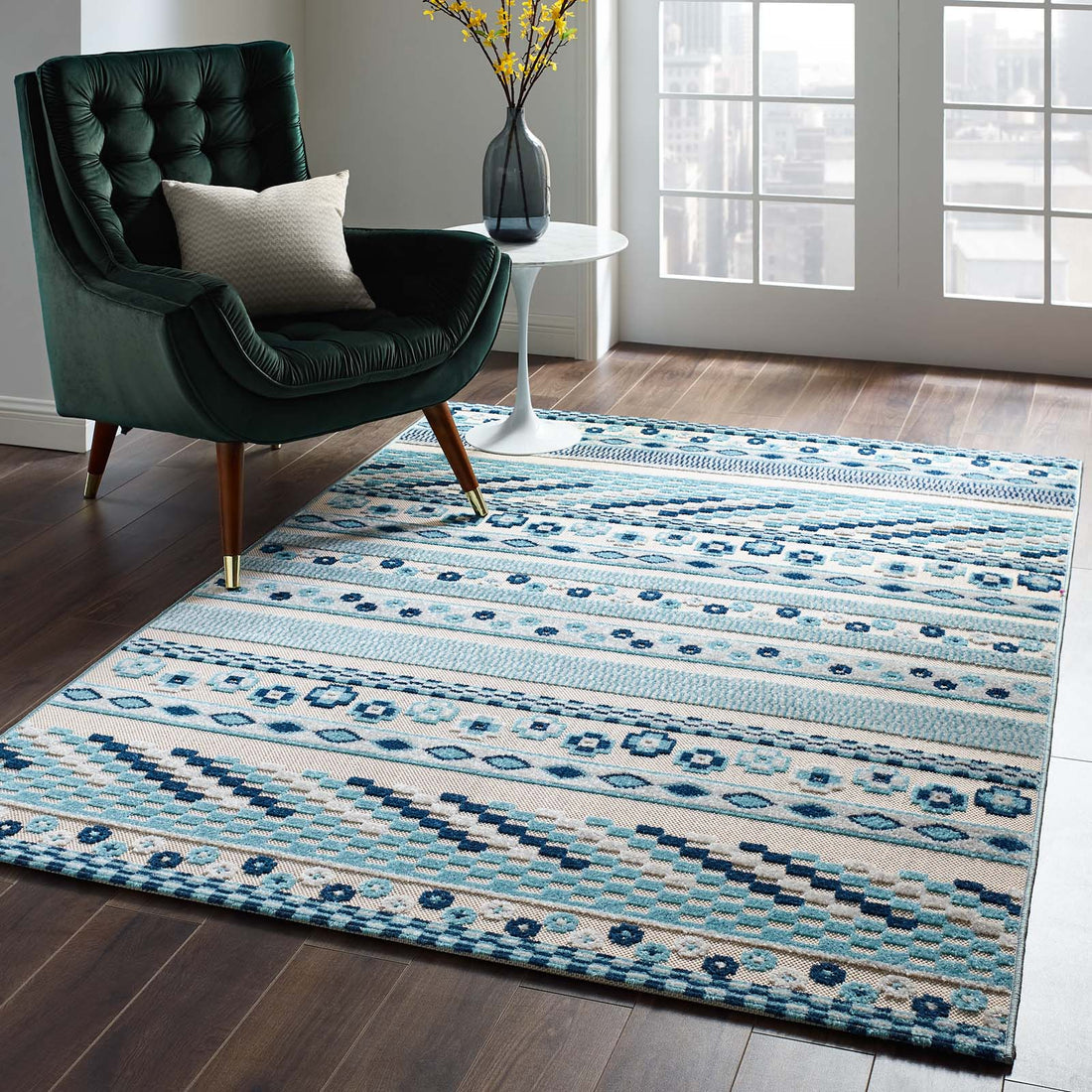 Reflect Cadhla Vintage Abstract Geometric Lattice Indoor and Outdoor Area Rug | 5X8 &amp; 8X10 Size Options  | Ivory and Blue &amp; Multicolored | Tight Low Pile Weave | Gripping Rubber Underside | 100% Polypropylene Sisal image 2