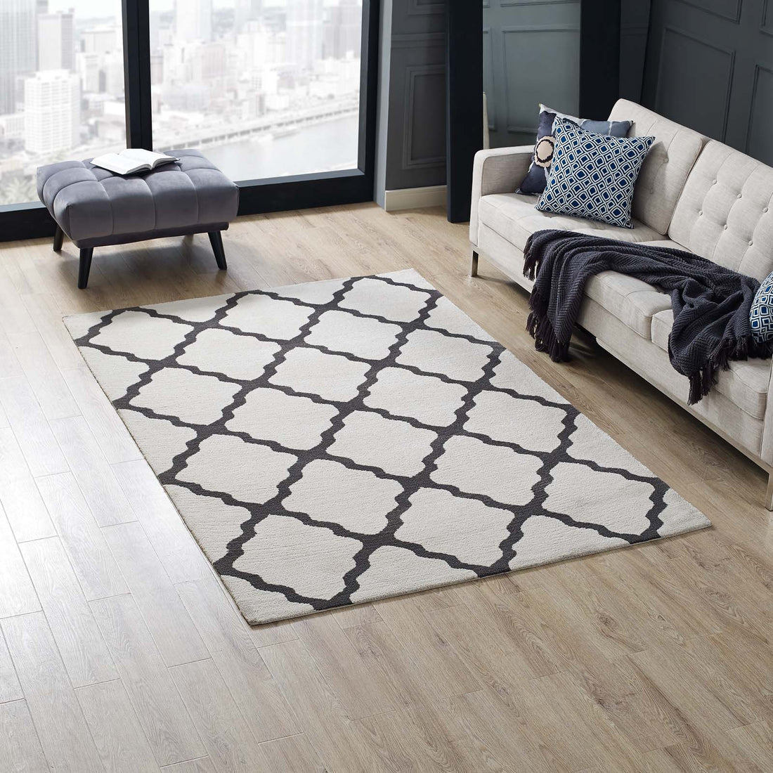 Marja Moroccan Trellis Area Rug | 5X8 Size | Brown and Gray, Ivory and Charcoal, Charcoal and Ivory &amp; Navy and Ivory Color Options | Tight Low Pile Weave | Gripping Jute Fabric Underside | 100% Polyester Microfiber image 2