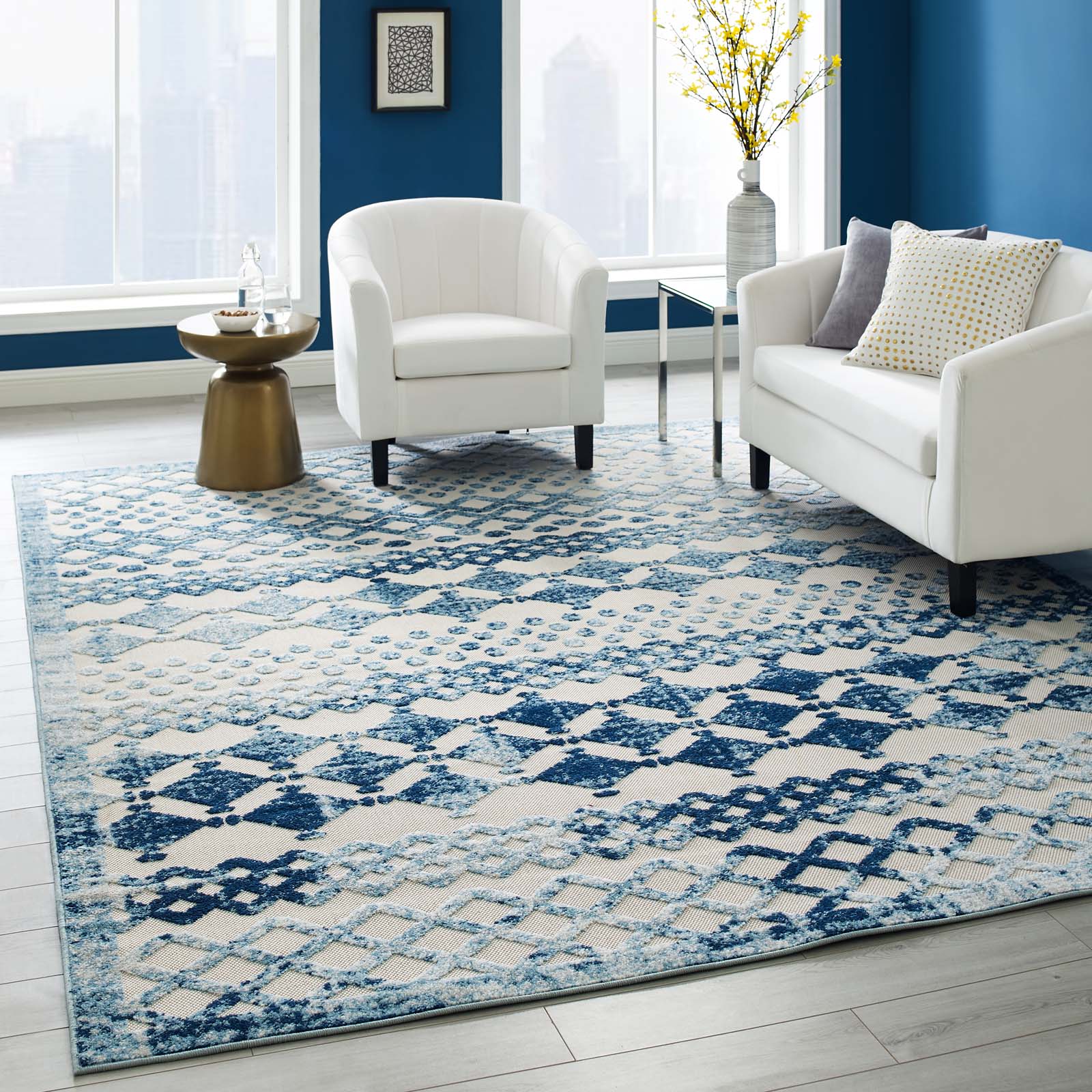 Reflect Giada Abstract Diamond Moroccan Trellis Indoor/Outdoor Area Rug | Ivory and Blue  | 5X8 &amp; 8X10 Size Options | Tight Low Pile Weave | Gripping Rubber Underside | 100% Polypropylene | Pack Of 2 image 0