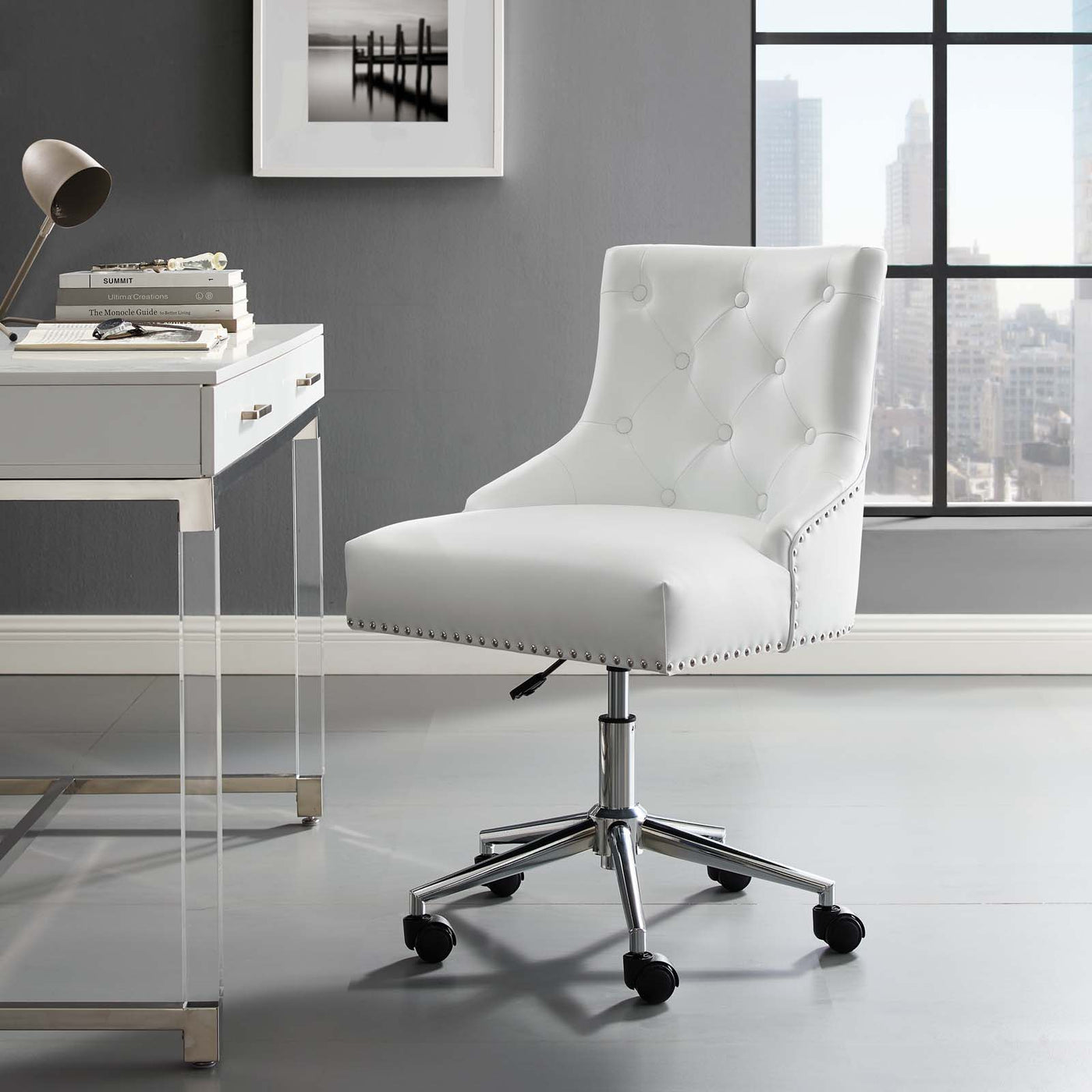 Regent Tufted Button Swivel Faux Leather Office Chair in White image 0