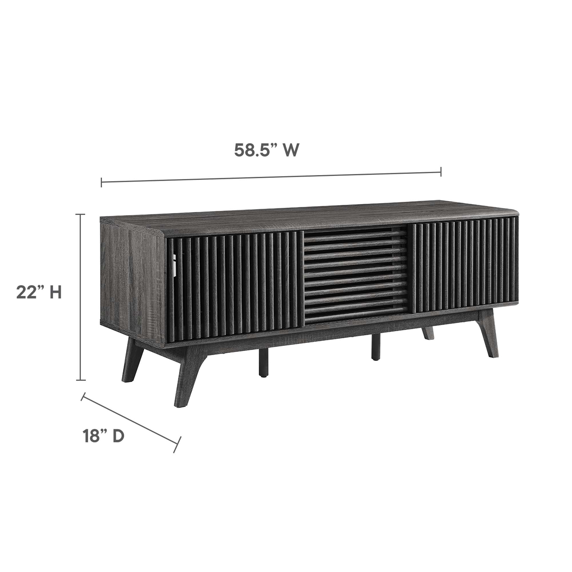 Iterate 59" TV Stand | Charcoal &amp; Walnut Finish Options | Contemporary TV Stand | Particleboard Construction | Wood Grain Laminate | Cable Management Holes | Slatted Sliding Doors image 2