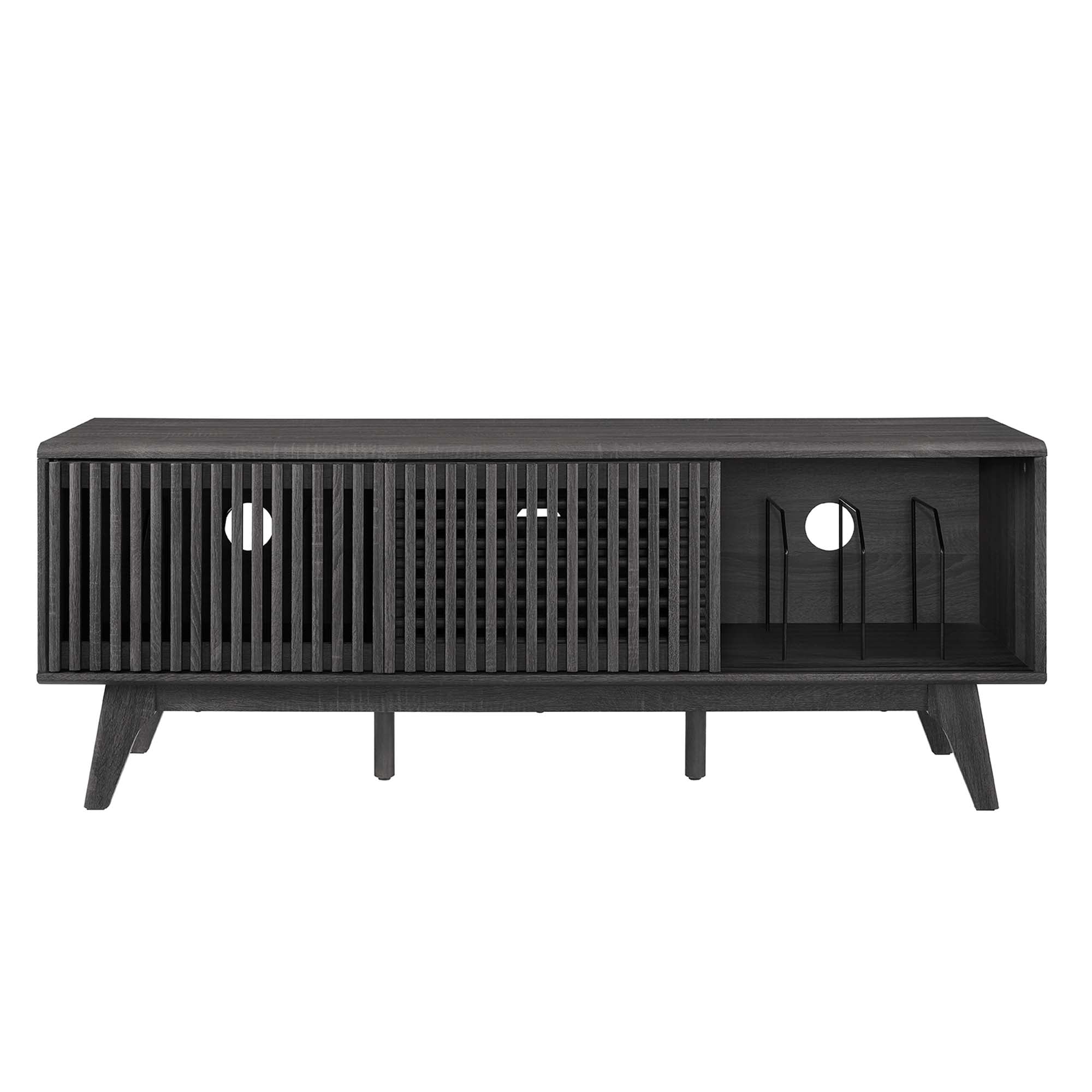 Iterate 59" TV Stand | Charcoal &amp; Walnut Finish Options | Contemporary TV Stand | Particleboard Construction | Wood Grain Laminate | Cable Management Holes | Slatted Sliding Doors image 4