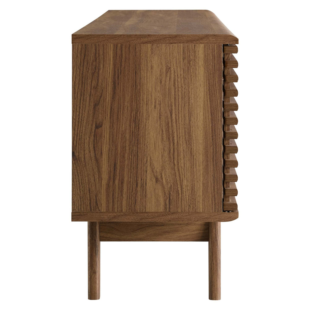 Render 71" Media Console TV Stand | Oak &amp; Walnut Finish Options | Mid-Century Modern Entertainment Center | Smooth Wood Grain Laminate | Durable Particleboard and MDF Construction | Slatted Sliding Doors image 8