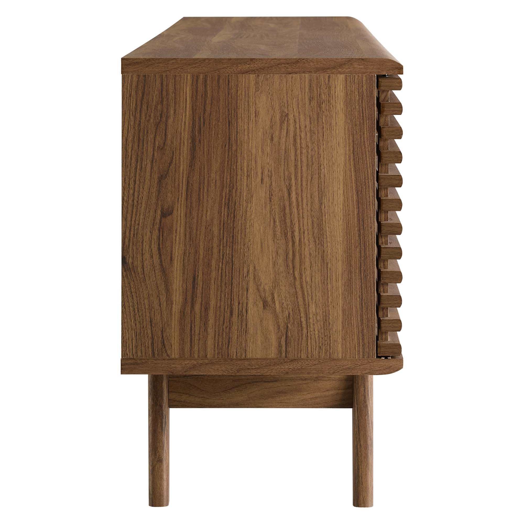 Render 71" Media Console TV Stand | Oak &amp; Walnut Finish Options | Mid-Century Modern Entertainment Center | Smooth Wood Grain Laminate | Durable Particleboard and MDF Construction | Slatted Sliding Doors image 8