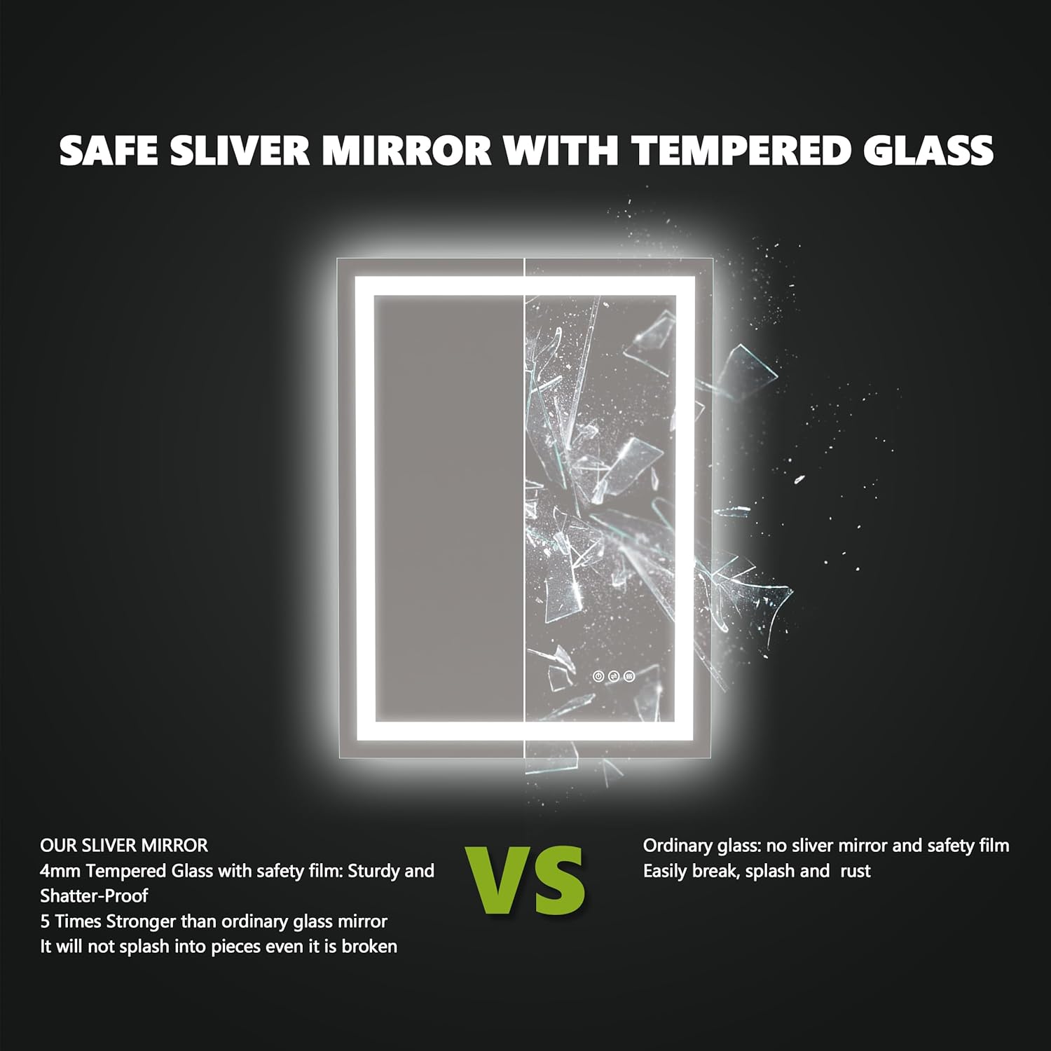 LED Bathroom Mirror 60x40 Inch Front &amp; Backlit Lights Vanity Mirror, Wall Mounted Anti-Fog Dimmable LED Makeup Mirror, IP54 3K-6K Warm/Natural/Daylight, Tempered Glass (Horizontal/Vertical) UL image 2