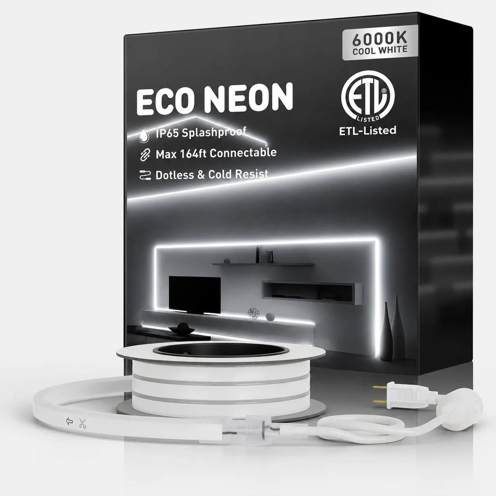 6000K Cool White LED Neon Rope Light – Dotless, Dimmable, IP65, ETL Listed